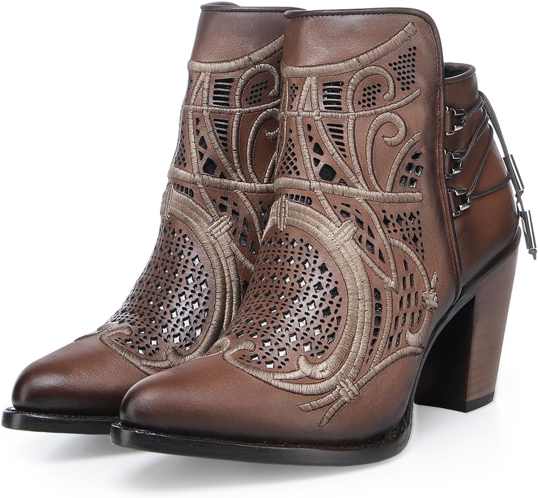 Cuadra Women's Bootie in Genuine Leather with Embroidery and Zipper Brown, 3F48RS - Image 6