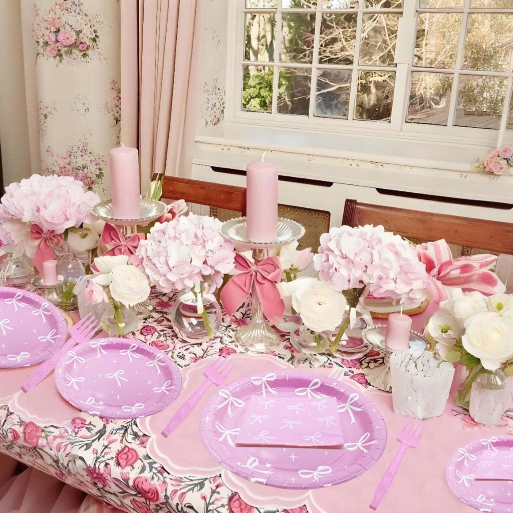 96Pcs Pink Bow Birthday Party Supplies, Disposable Tableware Set Include Plates and Napkins Pink Forks for Serve 24 Guests, Bachelorette Bridal Engagement Baby Shower - Image 7
