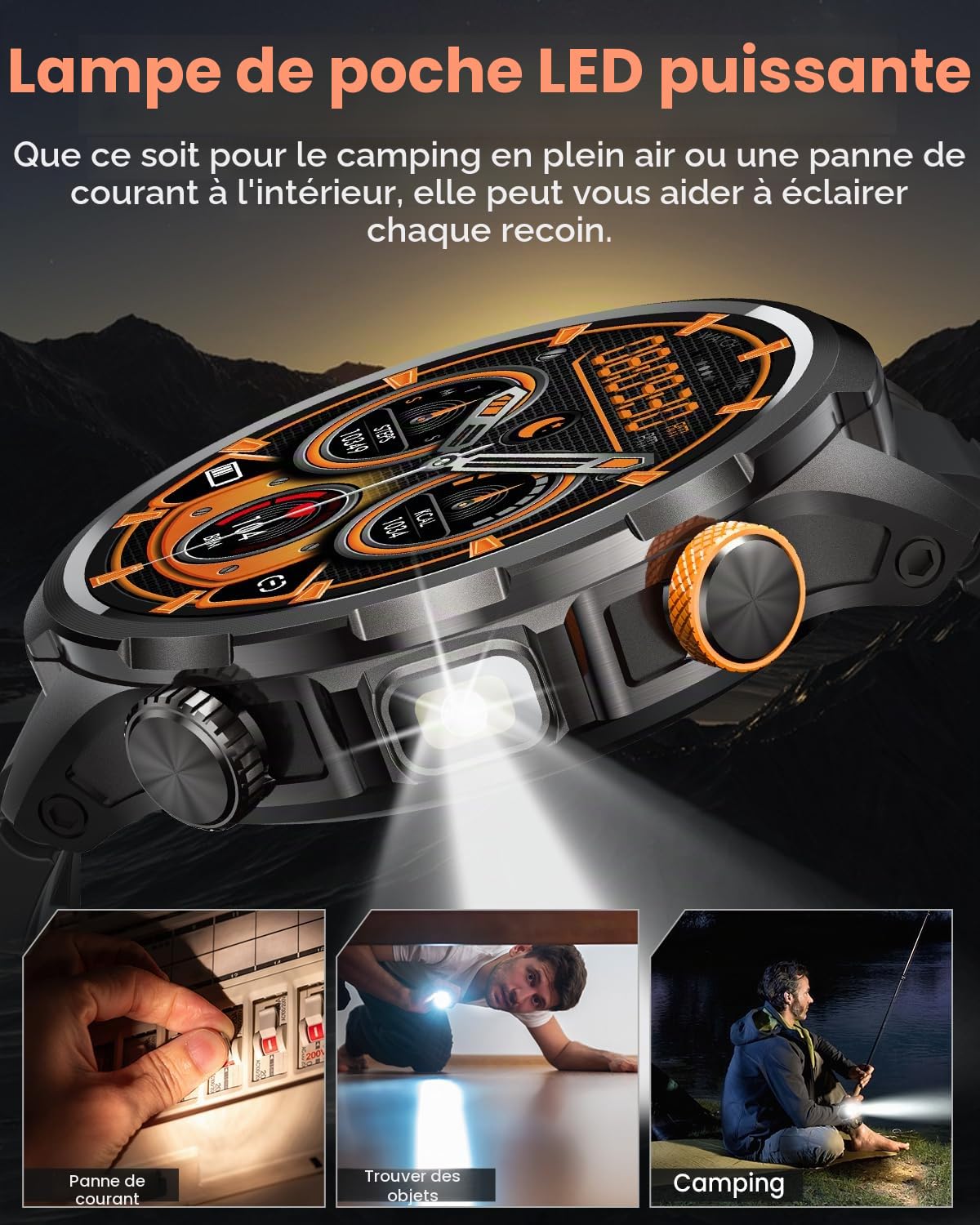 Montre Connectée Homme 1000mAh/5ATM Étanche/LED Lampe, 1.91" AMOLED Militaire Smartwatch Homme Appel Bluetooth, 113 Modes Sportifs, 24H Sommeil/Fréquence Cardiaque/Podomètre 2 Sangles Android iOS Noir