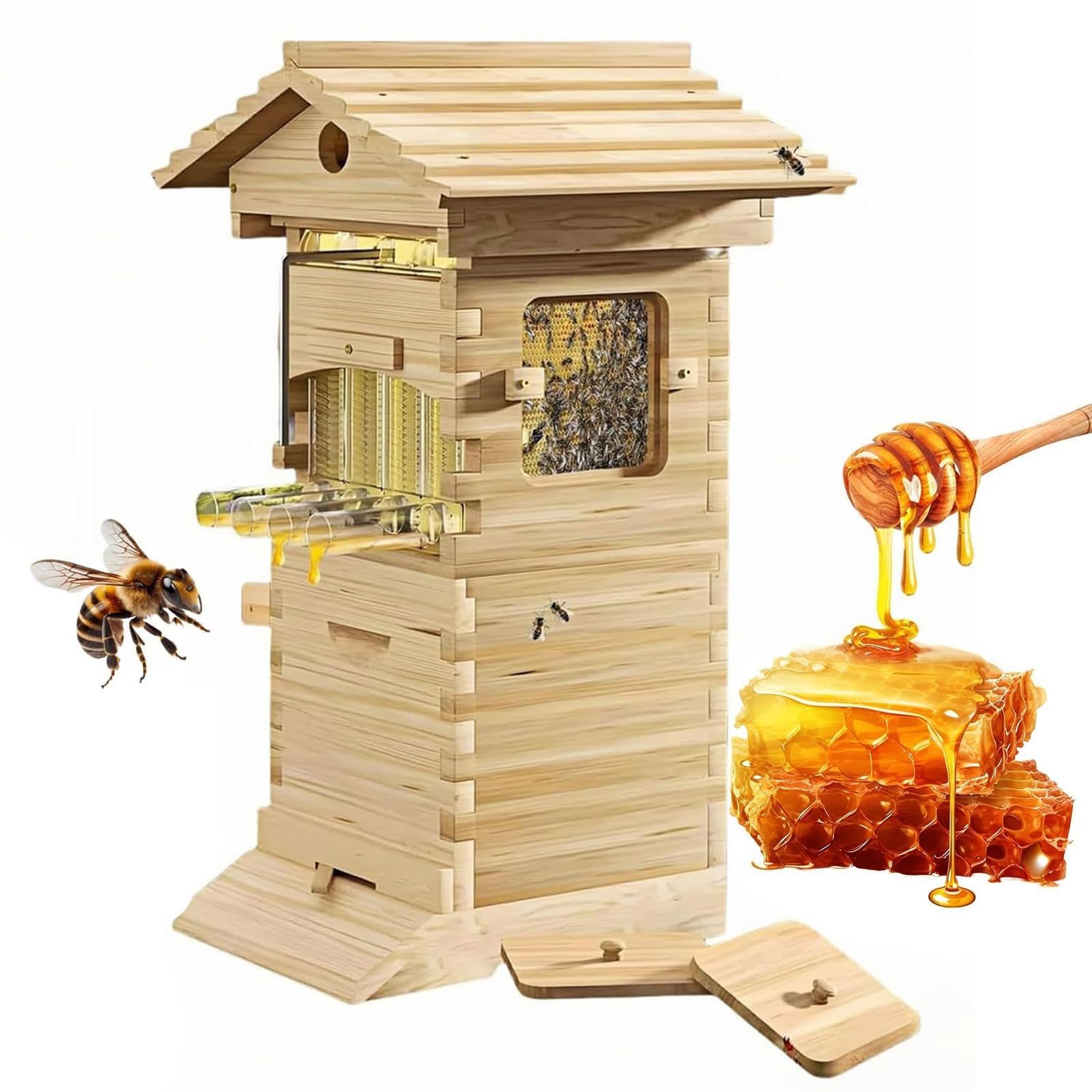 Beehive Starter Kit de démarrage – Ruche à miel avec fenêtre d'observation et bec à miel, boîte d'apiculture complète en bois avec cadres et plateaux en nid d'abeille