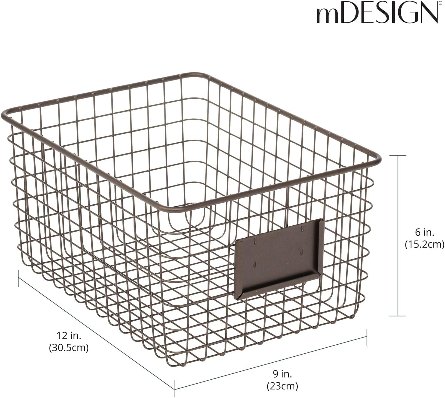 mDesign Large Steel Storage Organizer Bin Baskets with Label Slot for Kitchen Pantry, Cabinet, Cupboard, Organizing Holder for Food, Drinks, Snacks, Produce, Omaha Collection, 4 Pack, Bronze