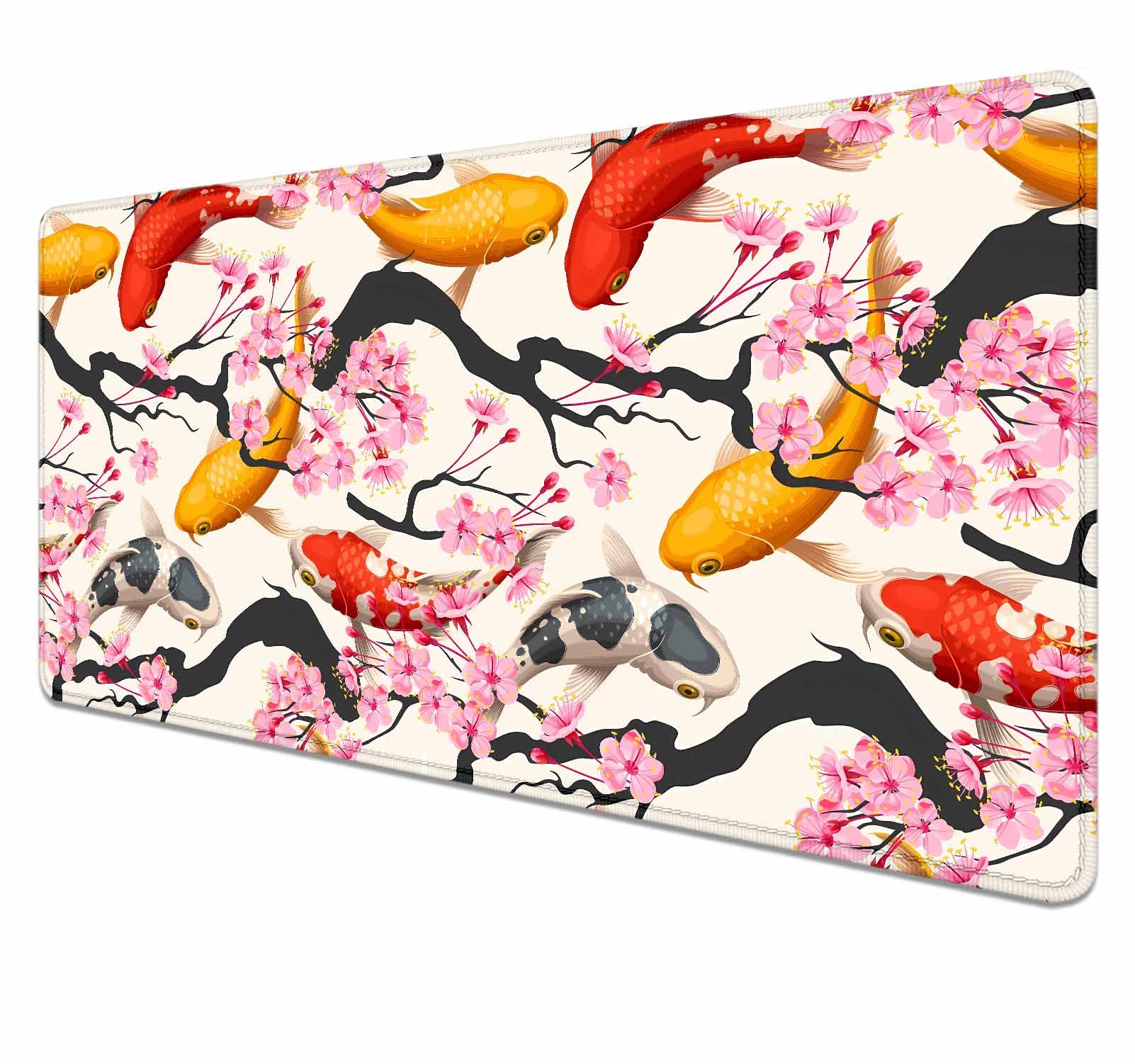 Extended Large Gaming Mouse Pad with Stitched Edges, Japanese Sakura Koi Fish Desk Mat for Computer, Non-Slip Big Mouse Pad with Keyboard Pad for Work, Gamer, Office, Home - 35.4 x 15.7 in