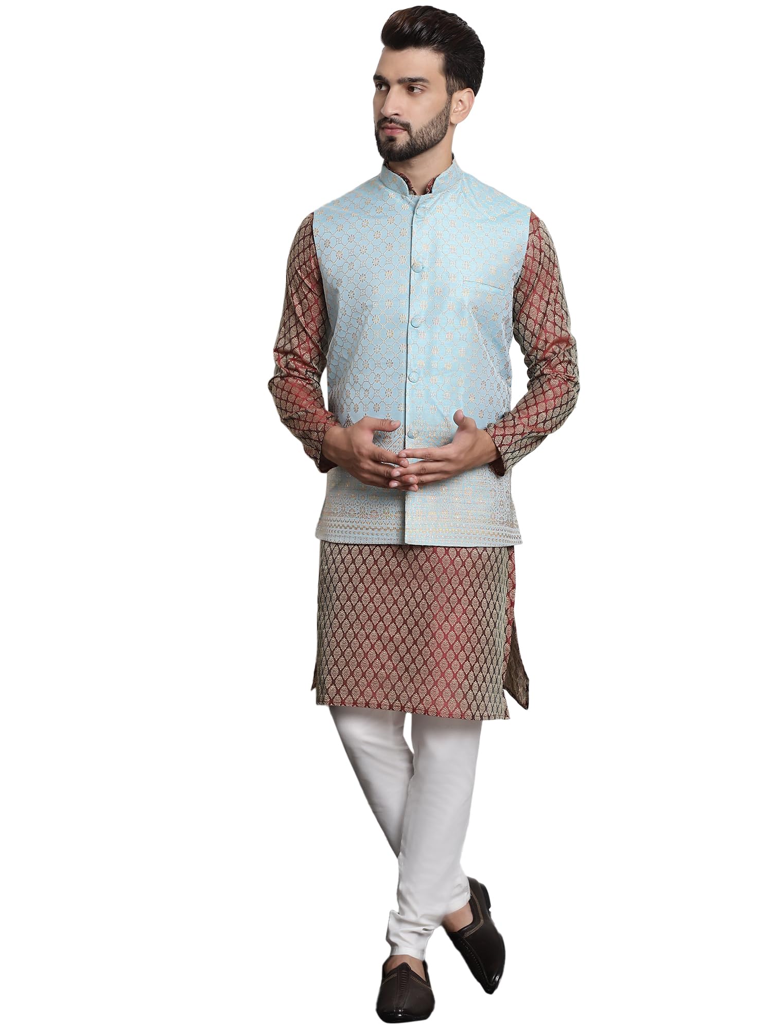 Sojanya (Since 1958 Men's Jacquard Silk Maroon Kurta And Off-White Pyjama With Blue Nehru Jacket