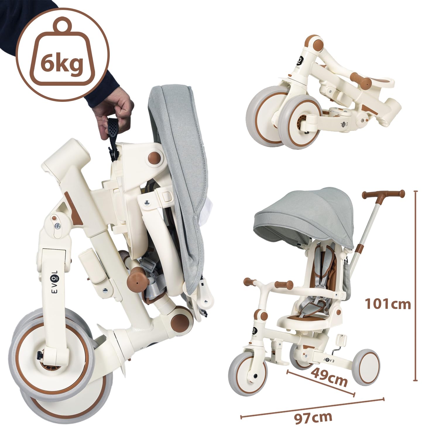 Olmitos - Triciclo Evolutivo de Bebé 5 en 1 - Bicicleta Niños Desde 1 Año hasta 25 Kg - De Triciclo a Bicicleta con o sin Pedales – Adaptable y transformable (Evol, Gris)