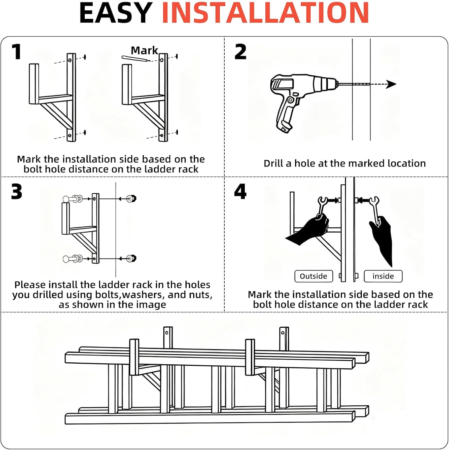 Side Mount Ladder Rack for Open & Enclosed Trailer - Heavy Duty Steel Ladder Rack with Wall Hooks, 4 Pack, Fit for Trailer/Truck/RV, Secure Ladder Storage