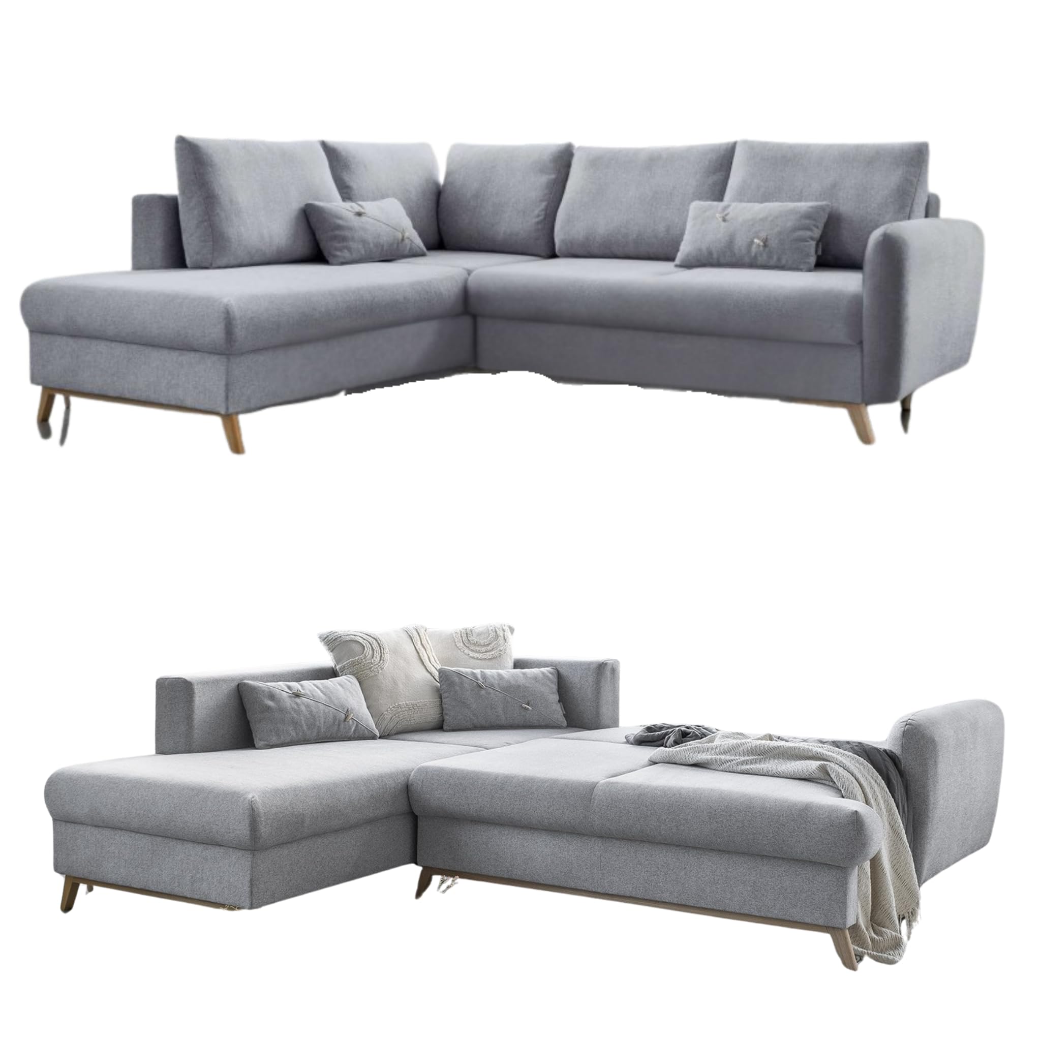 MIUFORM Scandic Lagom L | Canapé d'angle 6 Places avec Rangement et Fonction Couchage | en L à Gauche | Canapé 242 x 202 x 90 cm | Sofabed Convertible | Canapé-lit Pliant | Gris Clair
