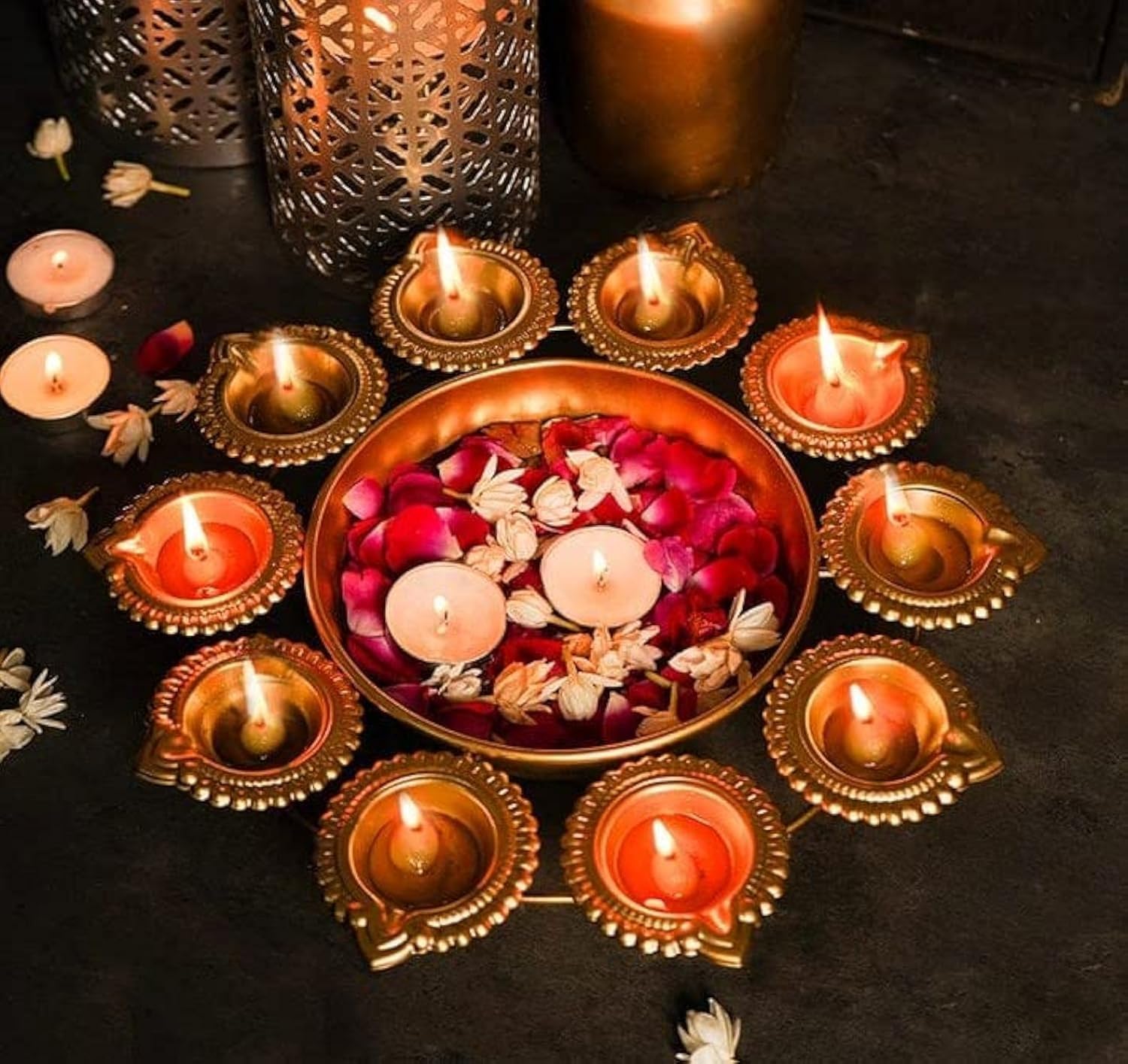 Decorative Metal Diya Traditional Lotus Urli Tealight Holder Golden Bowl for Floating Flowers and Tea Light Candles Home,Office and Table Decor Special(Multicolor)