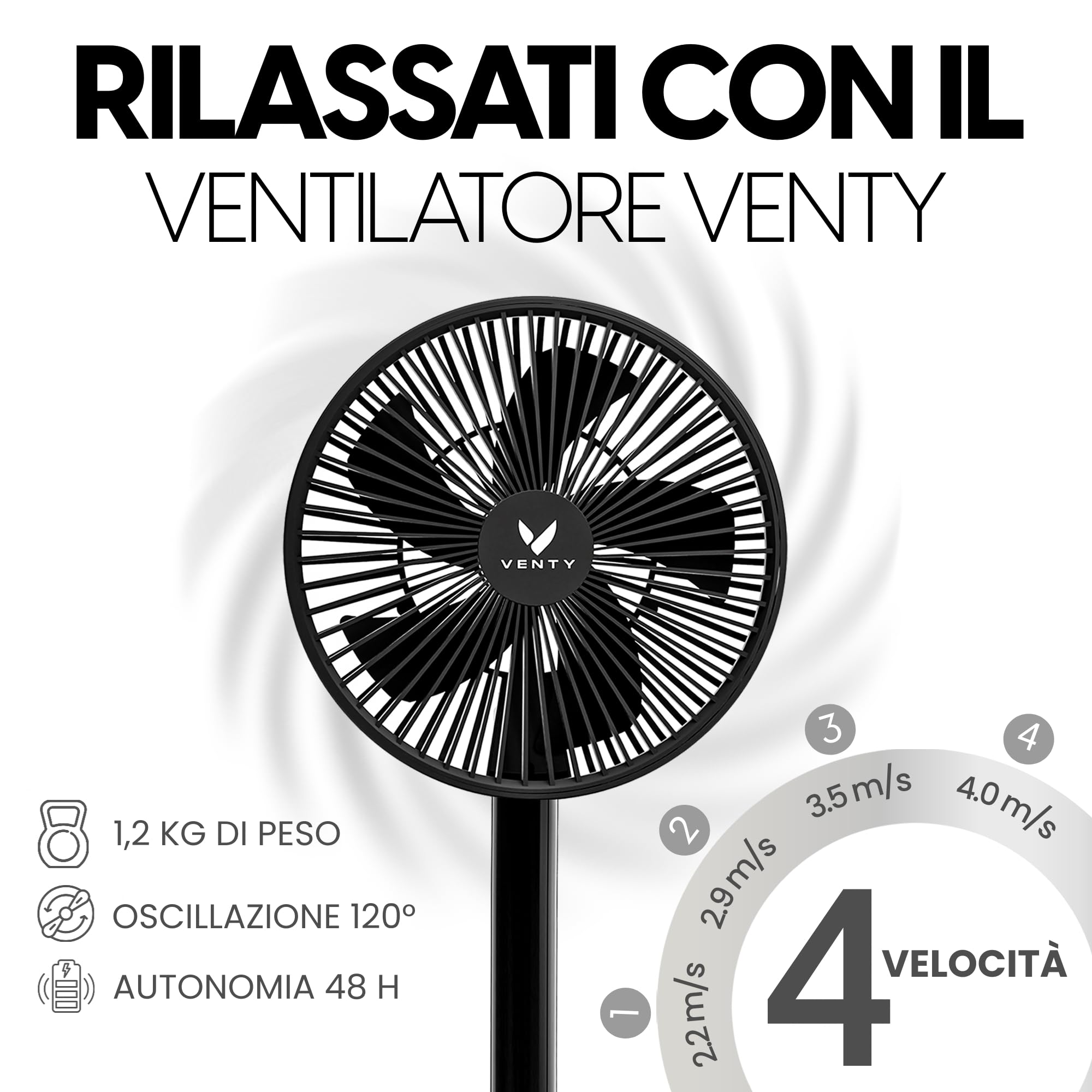 VENTY Ventilatore Portatile a Batteria Ricaricabile - Ventilatore Pieghevole con Custodia da Trasporto, Porta Usb e Telecomando - 4 Velocità, Compatto e Regolabile per Tavolo, Campeggio, Scrivania