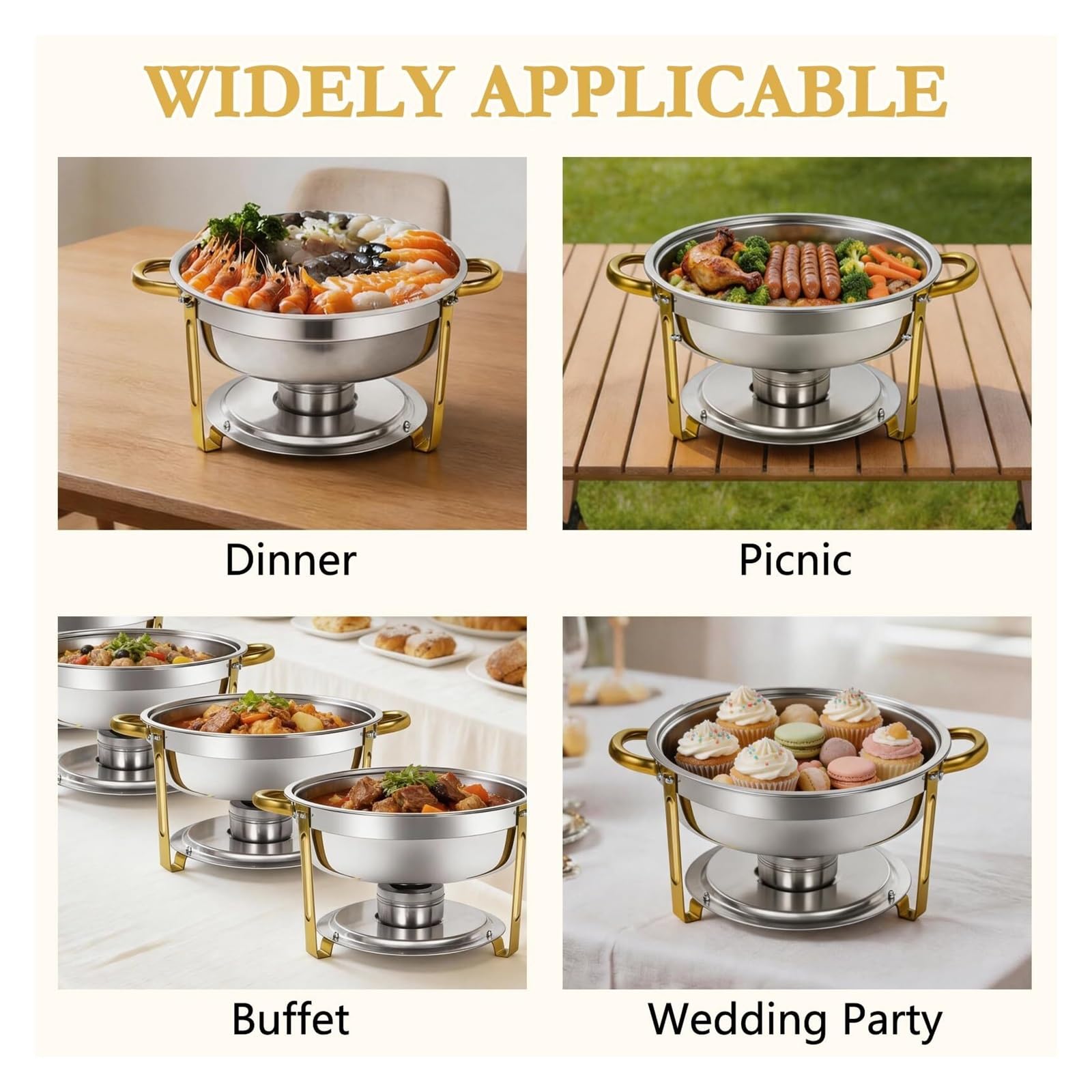 Platos de frotamiento for Buffet Plato de frotamiento Redondo | Apto for lavavajillas, Calentamiento de calidad alimentaria, Servicio de buffet, Uso comercial(Full gold)