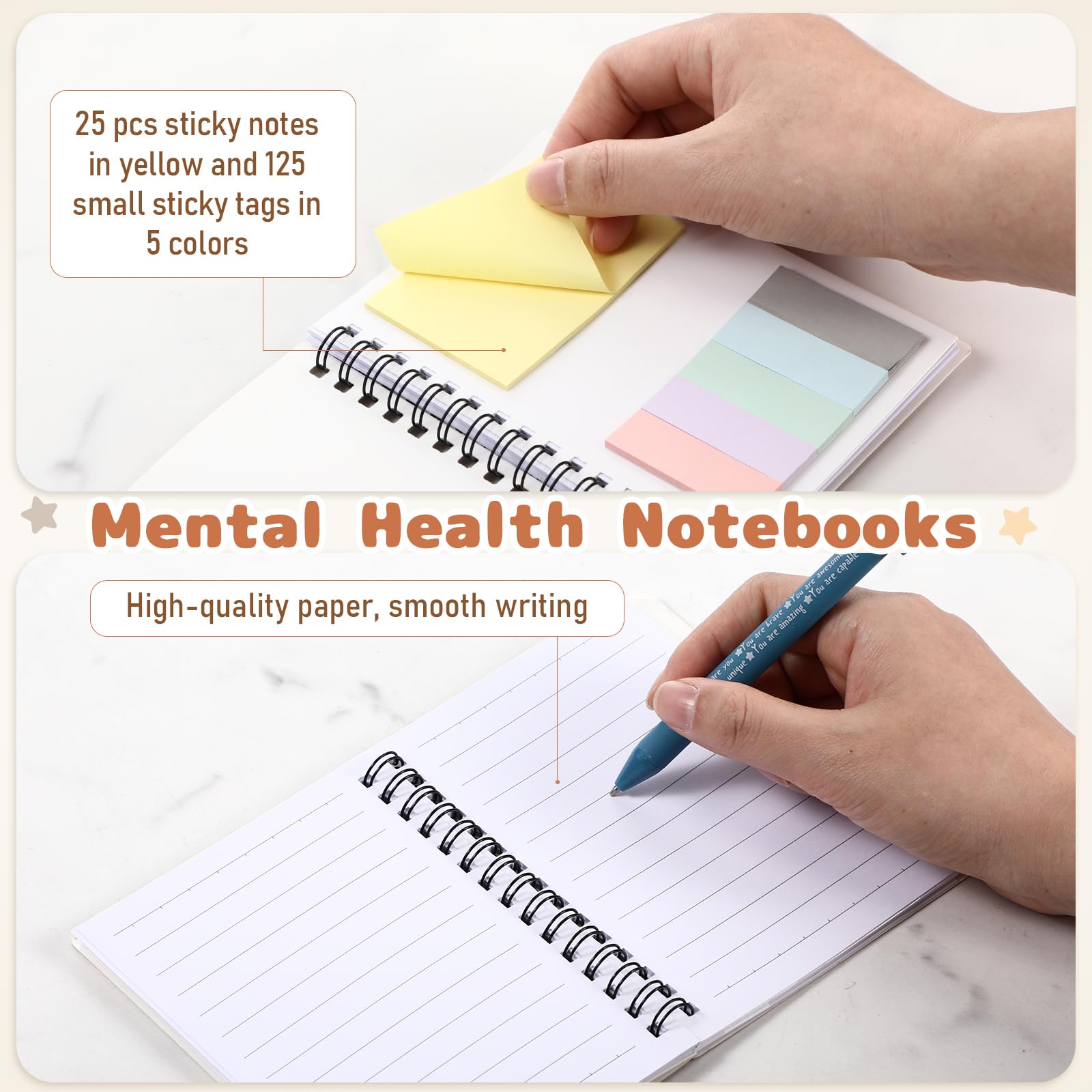 Janlaugh 40 Pcs Mental Health Gifts for Women Men Self Care Items Bulk Include 20 Mental Health Notebooks with Sticky Note 20 Positive Pens Affirmation Journals Wellness Gifts for Coworker Student