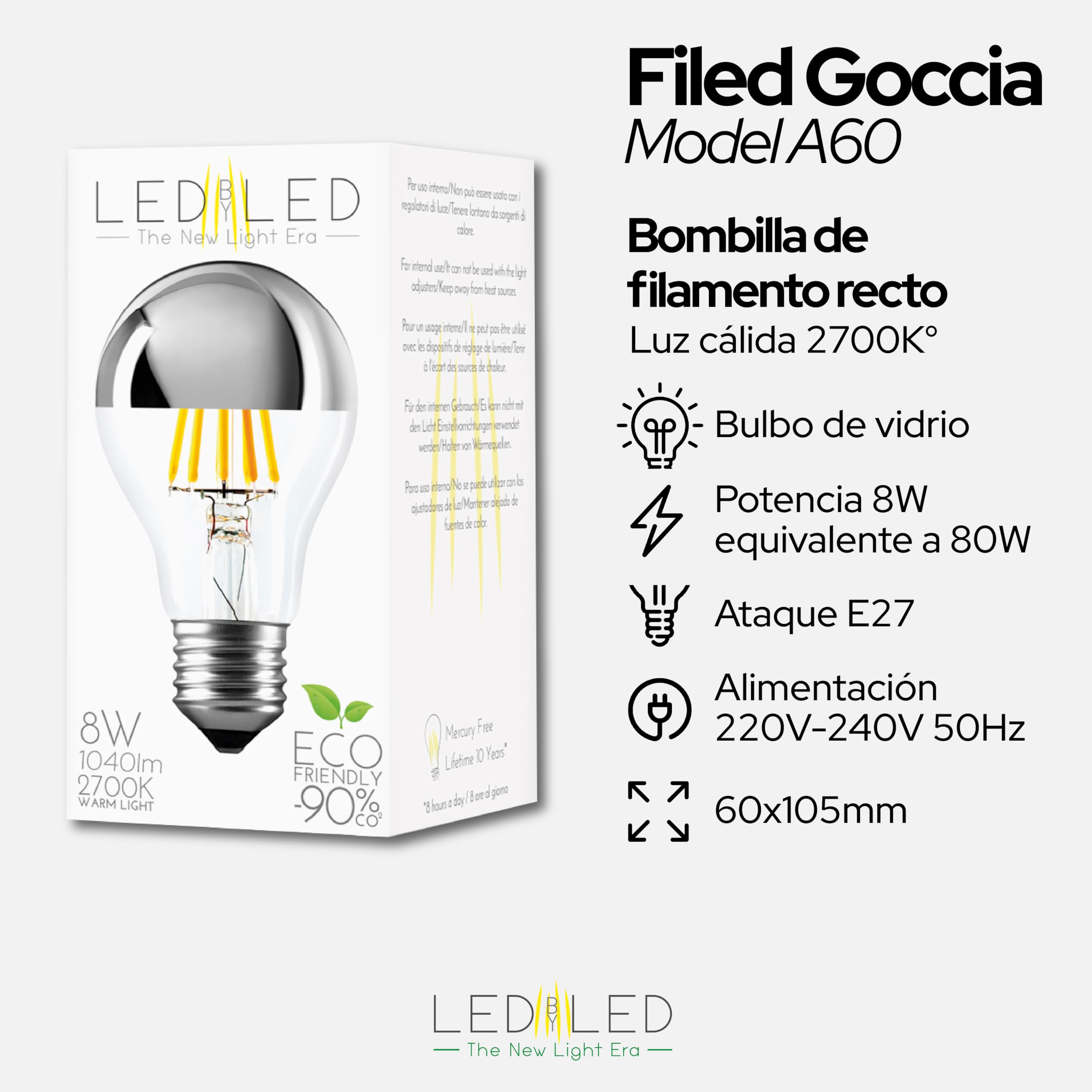 Bombilla Gota Espejo 8W Equivalente a 80W, E27, Cristal Espejo-Transparente Silver Top, 2700K Luz Cálida, filamento LED recto, 1040 Lúmenes, Pack de 10 unidades