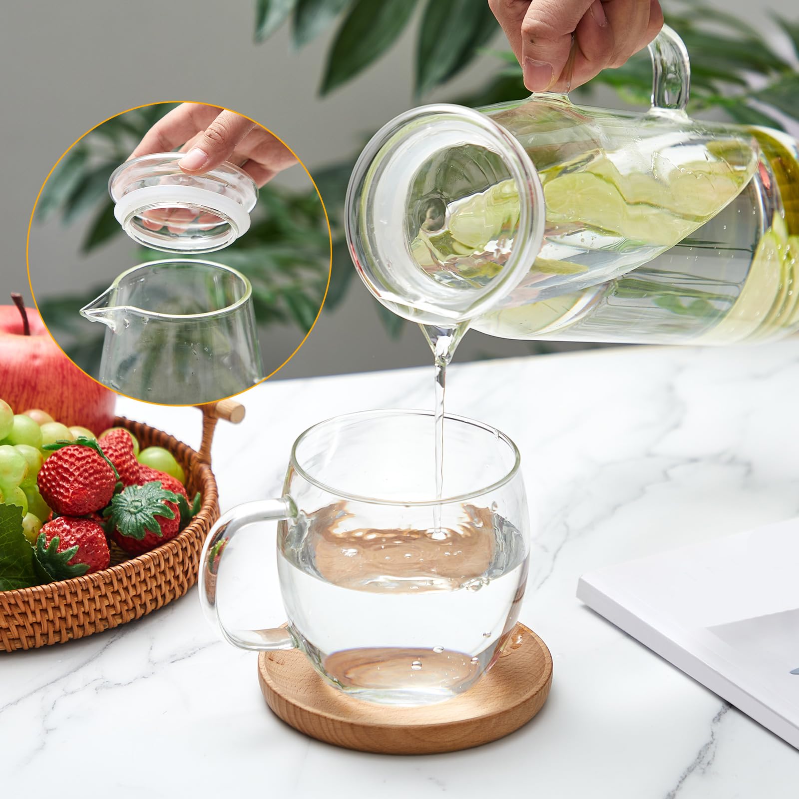 Hsei Lot de 2 pichets en verre avec couvercle - Carafe à eau avec poignées - Pour thé, jus, lait, café, boissons glacées (couvercle en verre)