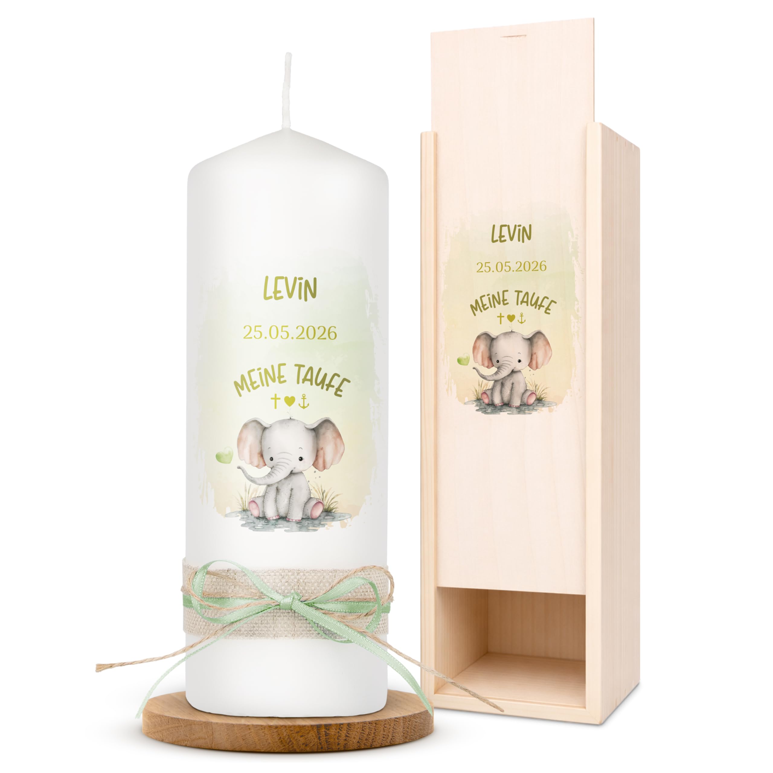 AMARI® Personalisierte Taufkerze Elefant Herz - Mädchen/Junge - 20cm/7cm - Gestalten Sie Ihre eigene Taufkerze mit Namen