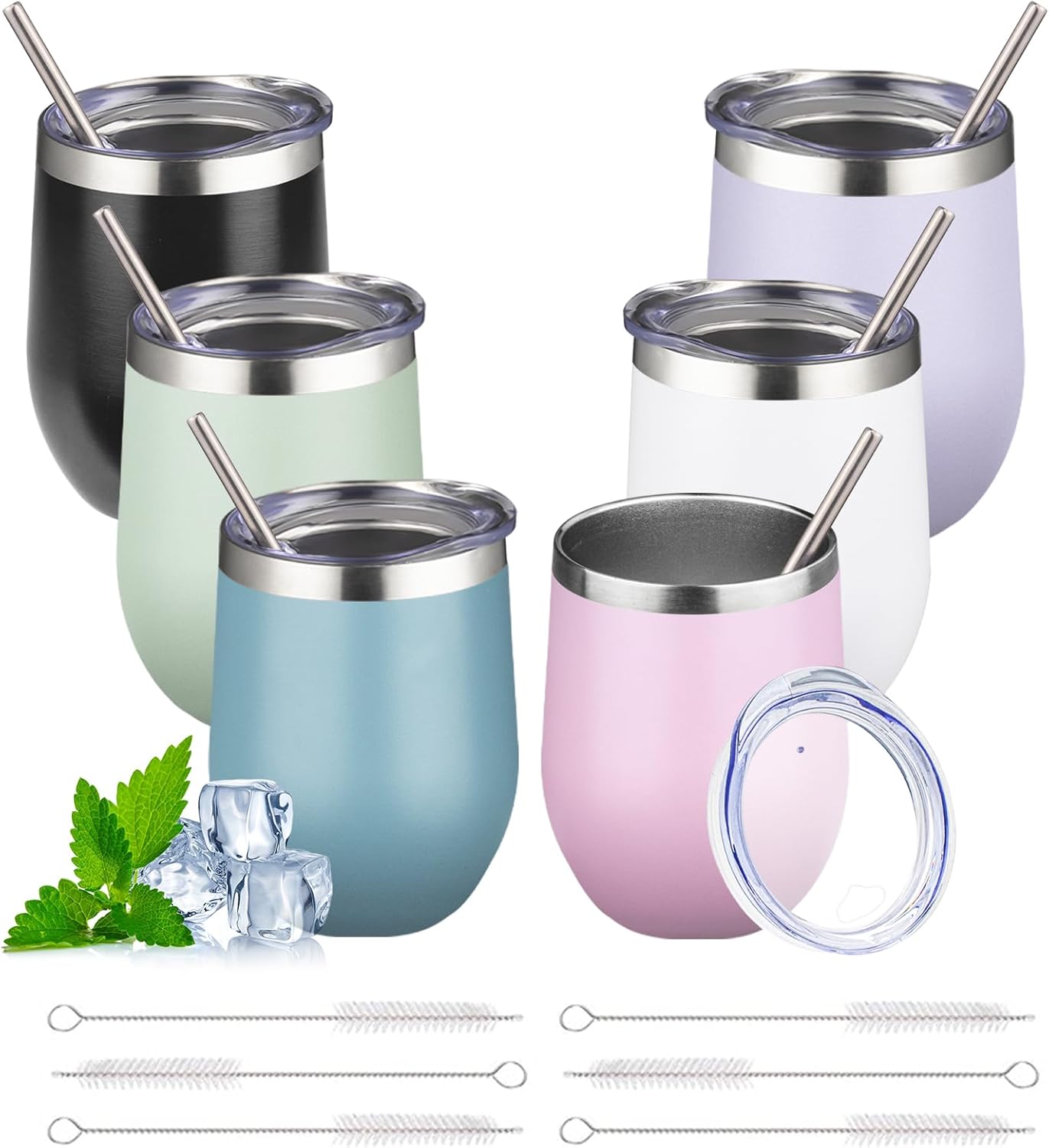 12oz Stemless Wine Tumbler with Lid Double Wall Insulated Wine Cup Stainless Steel Glasses Tumbler with Straw Insulated cocktail Tumbler Coffee Mug for Hot and Cold Beverages (Multicolor-9,6Pack)