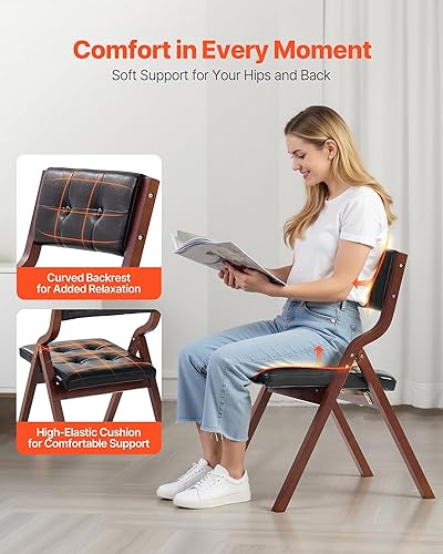 Miniatura 3 de VEVOR Sillas plegables de madera con cojín de cuero, juego de 2, sillas de cojín plegables portátiles con marco de madera, fácil montaje, silla de