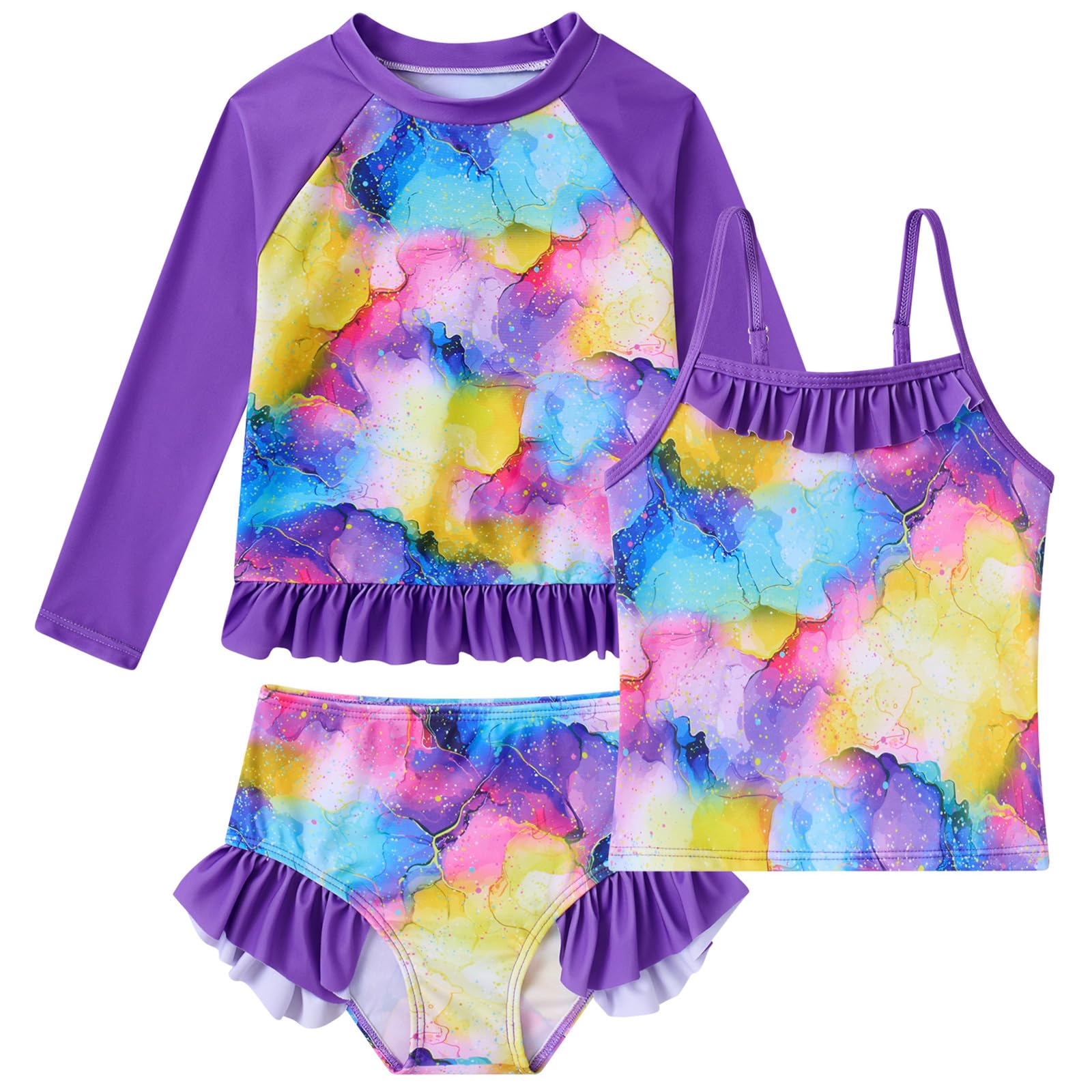 BFUSTYLE Girls Swimsuit 3 Pieces Rash Guard Kids Bathing Suit 3-8 Years | Funny Sun Protection Quick Dry Summer Beach Long Sleeves Swimwear Tankini Set