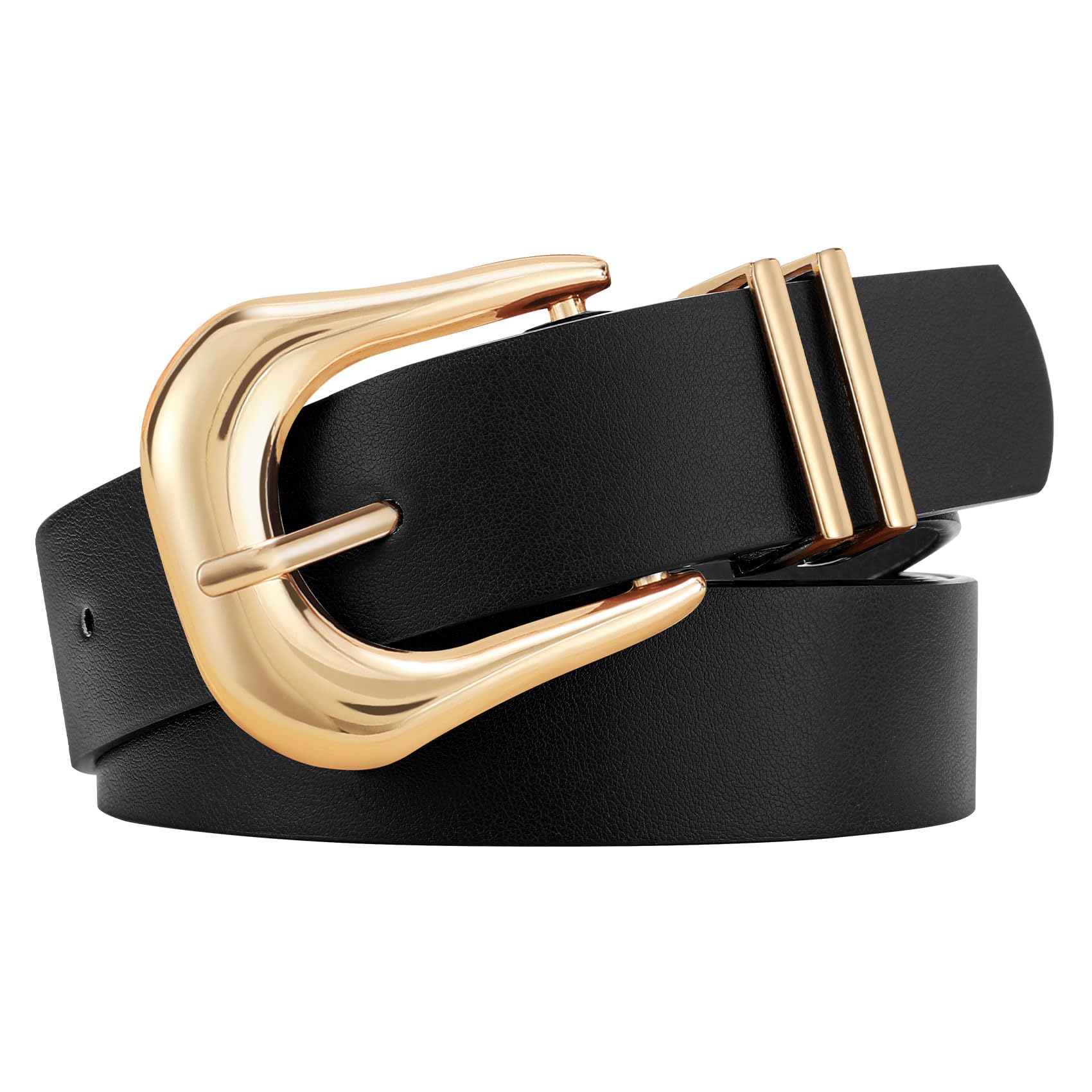 LEACOOLKEY Womens Fashion Leather Belt with Gold Buckle Ladies Waist Belts for Jeans Dress Pants