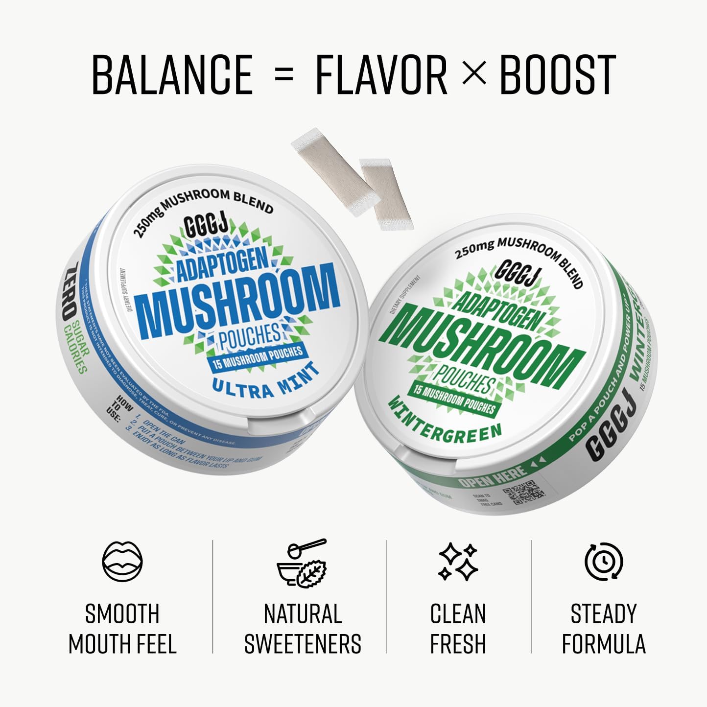 Adaptogen Mushroom Nootropic Pouches (5 Pack Wintergreen) - 250mg Mushroom + 165mg Energy Blend, Nicotine Free & Caffeine Free, Ultra Pouches with Lion's Mane, Cordyceps, Reishi, Alpha-GPC, L-Theanine