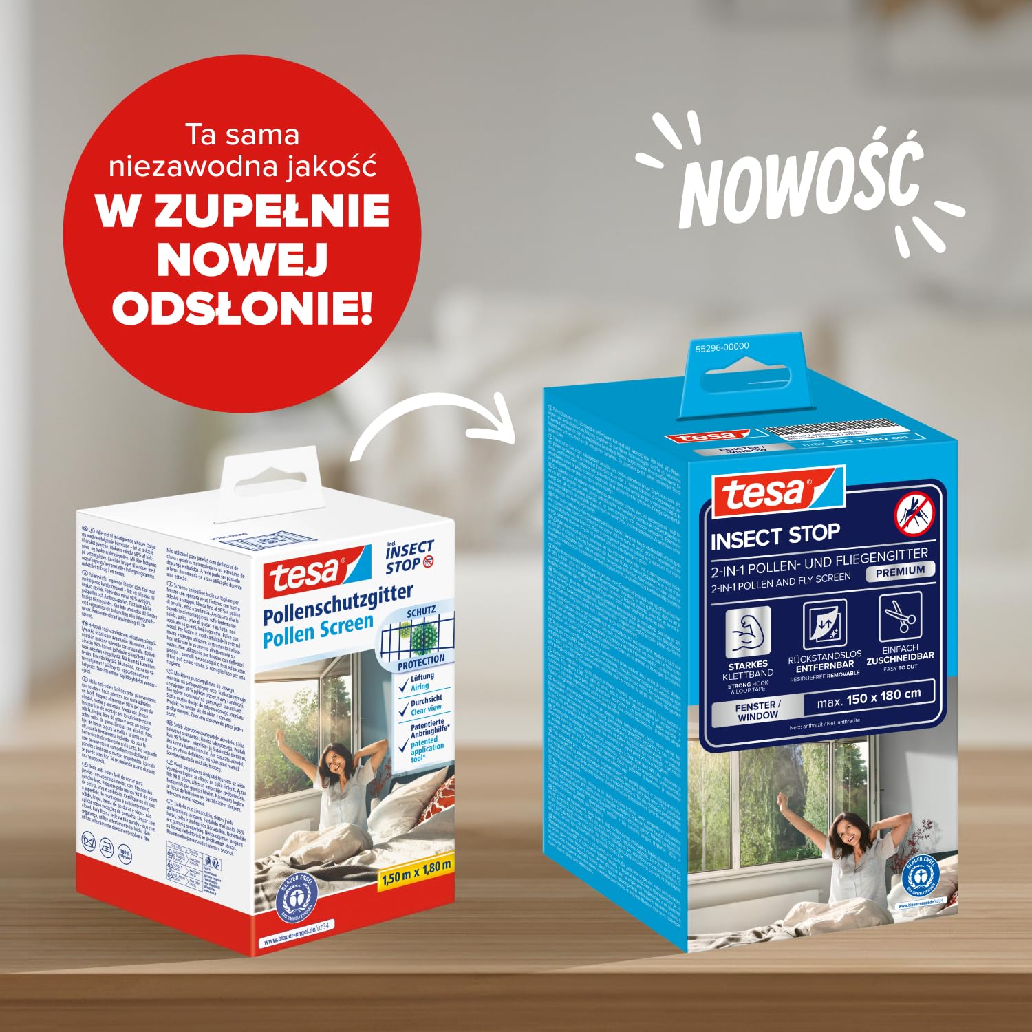 tesa INSECT STOP 2-in-1 Pollen and Fly Screen Premium - przycinany na wymiar, przezroczysta ochrona przed pyłkami, taśma samoprzylepna, antracyt - 150 x 180 cm