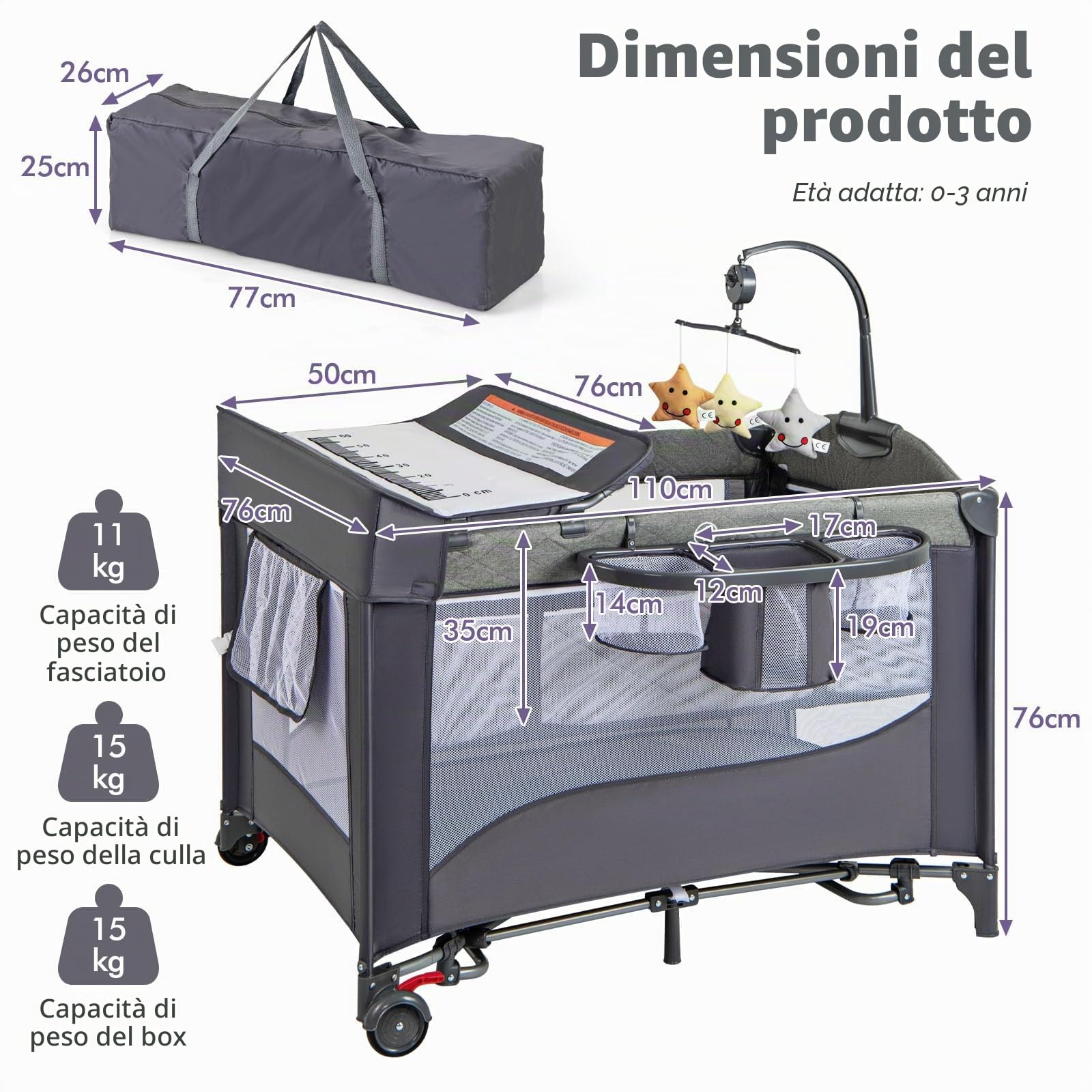 LIFEZEAL 5 in 1 Lettino Neonato Pieghevole 112x82x82cm, Culla Co-sleeping per Bimbo 0-3 Anni Traspirante con Materasso e Borsa per Trasporto, Lettino da Campeggio con Fasciatoio e Cintura
