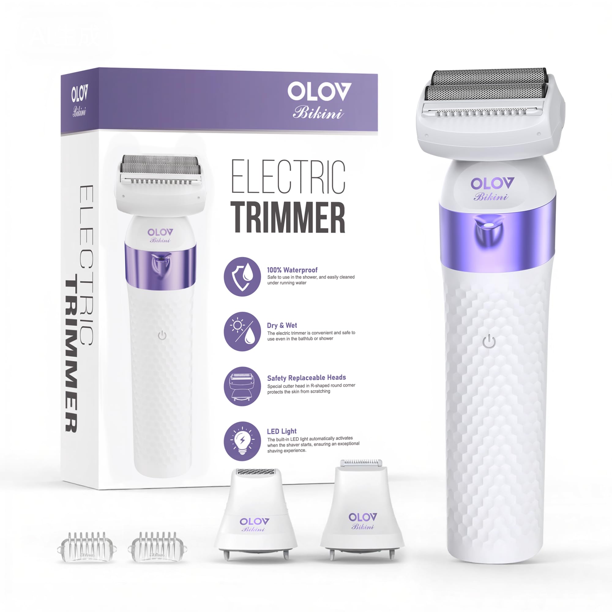 Rasoio elettrico da donna, IPX7, impermeabile, bagnato e asciutto, per gambe, ascelle e peli pubici, rasoio elettrico ricaricabile per donne con 3 testine