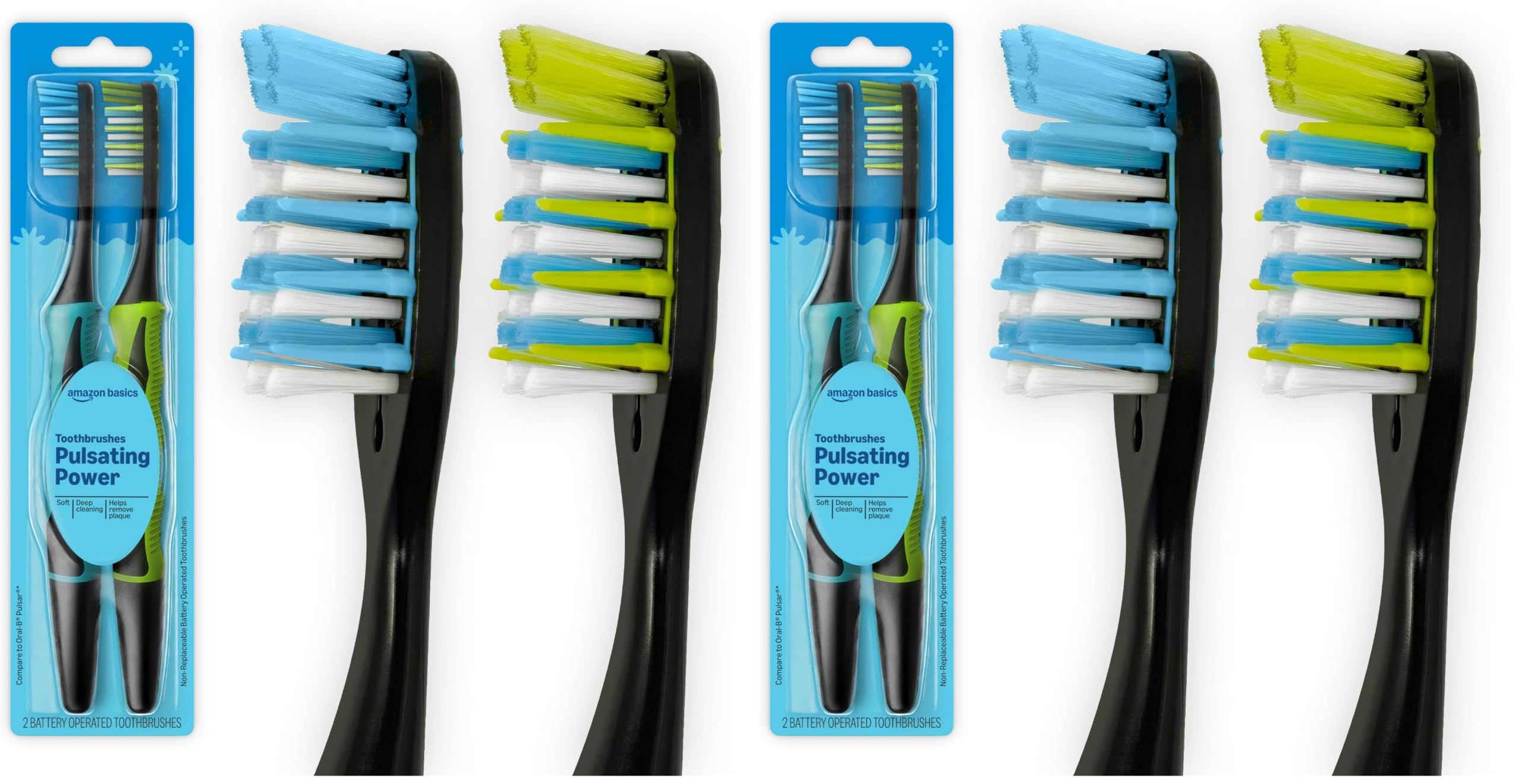 Amazon Basics Soft Toothbrushes for Adults - Pulsating Deep Cleaning with Soft Bristles, 2 Count, Assorted Colors, Packaging May Vary