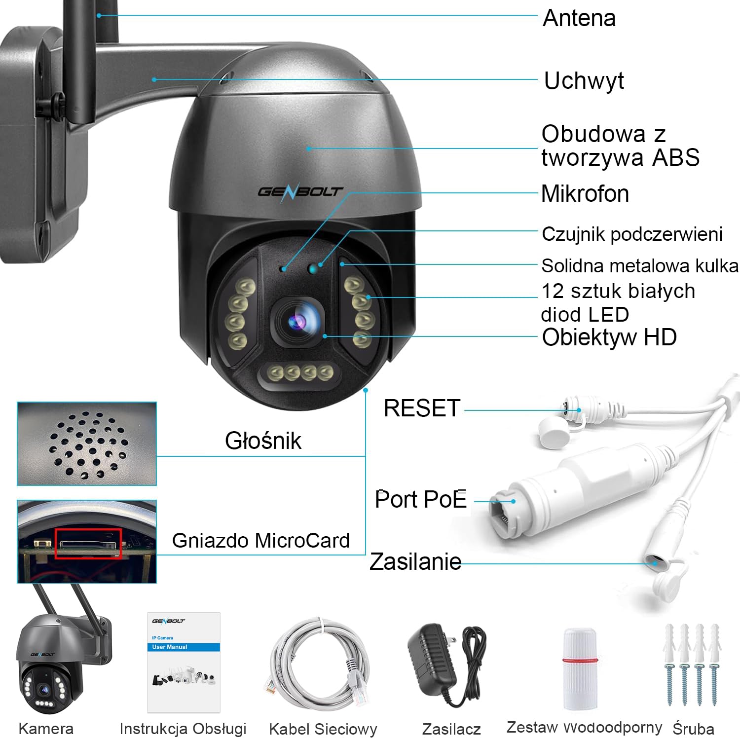 GENBOLT 4K PoE Kamera WIFI,8MP 2.4&5GHz Zewnętrzna CCTV | Wykrywanie Osób/Pojazdów, Nagrywanie 24/7, Auto Śledzenie, Noktowizja Kolorowa