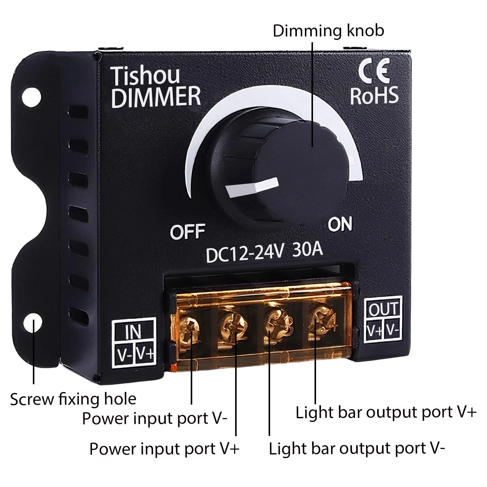 Controlador LED 12V 24V 30A PWM Regulador de Intensidad con Botón On/Off, Dimmer para Tira LED Monocromática 5050 3528, Carcasa de Aluminio Duradera e Instalación Sencilla Compatible con Luces DC