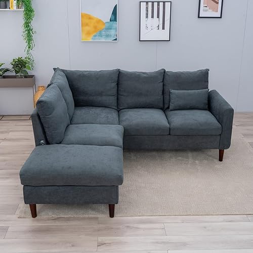 Miniatura 6 de Panana Sofá modular esquinero, sofá de tela de lino en forma de L de 5 asientos con diván de puerto USB integrado (gris, esquina de 5 plazas con