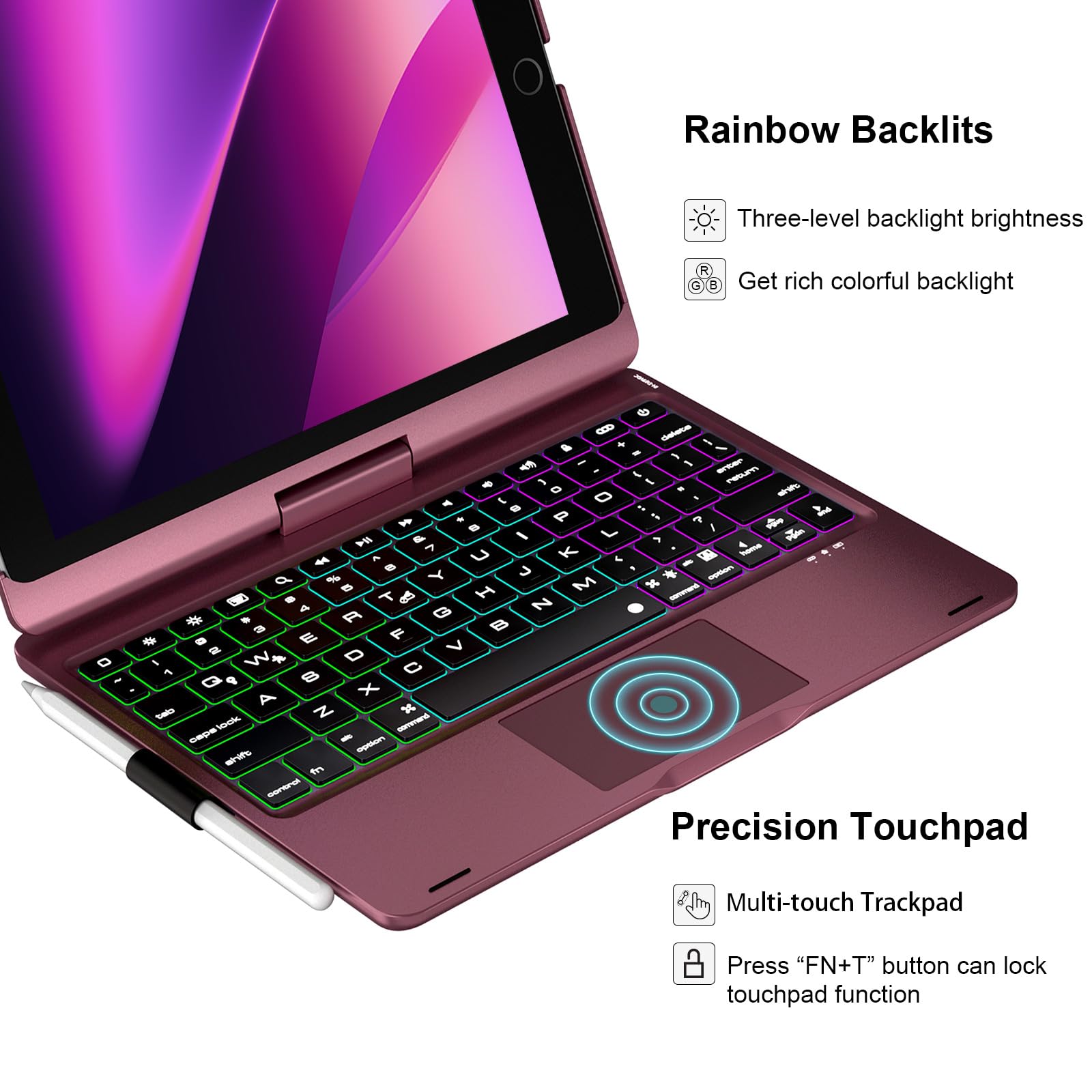 BABG iPad 9th Generation Case with Keyboard,360° Rotatable,Touchpad,Backlit Keyboard with Pencil Holder for 10.2 inch iPad 9th Gen 2021/ 8th Gen 2020/7th Gen 2019 and iPad Air 3/Pro 10.5"-Rose Gold: 10.2/10.5 inch Raspberry
