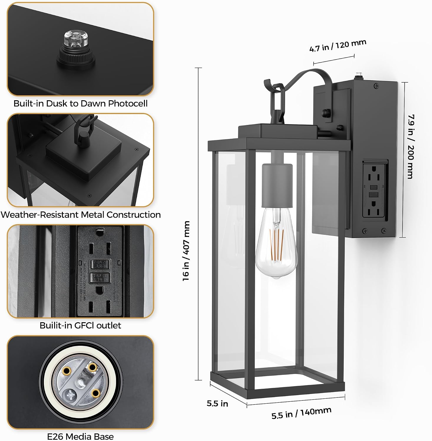 DORESshop Upgraded Dusk to Dawn Outdoor Wall Lights with GFCI Outlets, 16 Inch Matte Black Waterproof Anti-Rust Outdoor Light Fixtures with Clear Glass, Exterior Light Fixtures for Porch, Garage, ETL