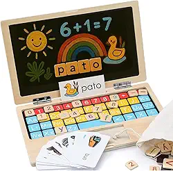 Kinderland Toys Laptop de Madeira Educativo Infantil 11.8” | Brinquedo Interativo Montessori com Letras, Números, Cartões e Lousa | Brinquedo de Alfabetização e Cálculo para Crianças 3+ Anos