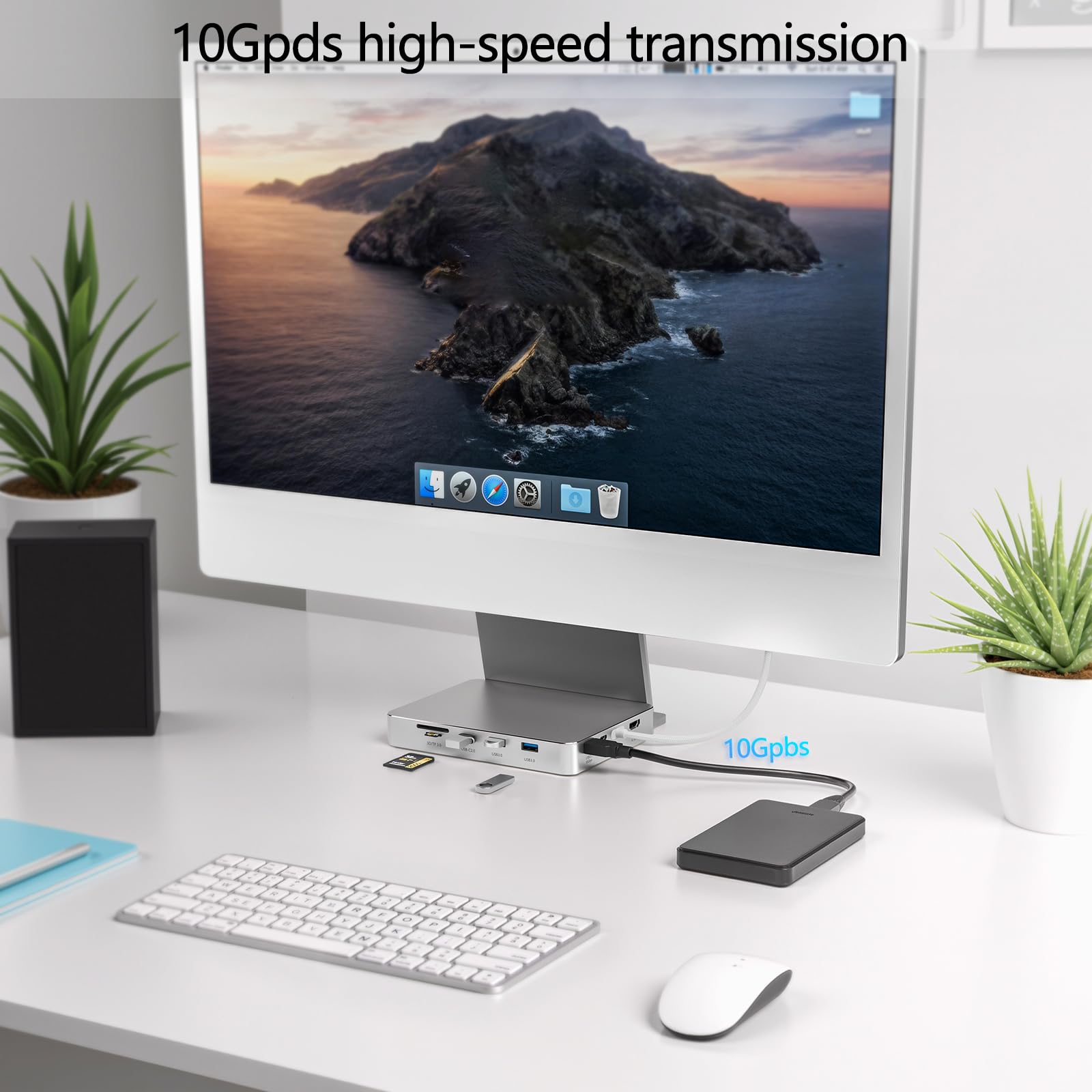 Hub USB C pour iMac 24" 2021/2023/2024, hub USB 8 en 1 pour iMac avec SSD M.2, avec USB A/C 3.2 10 Gbit/s, SD/TF, accessoires de station d'accueil HDMI iMacM1 M3 M4