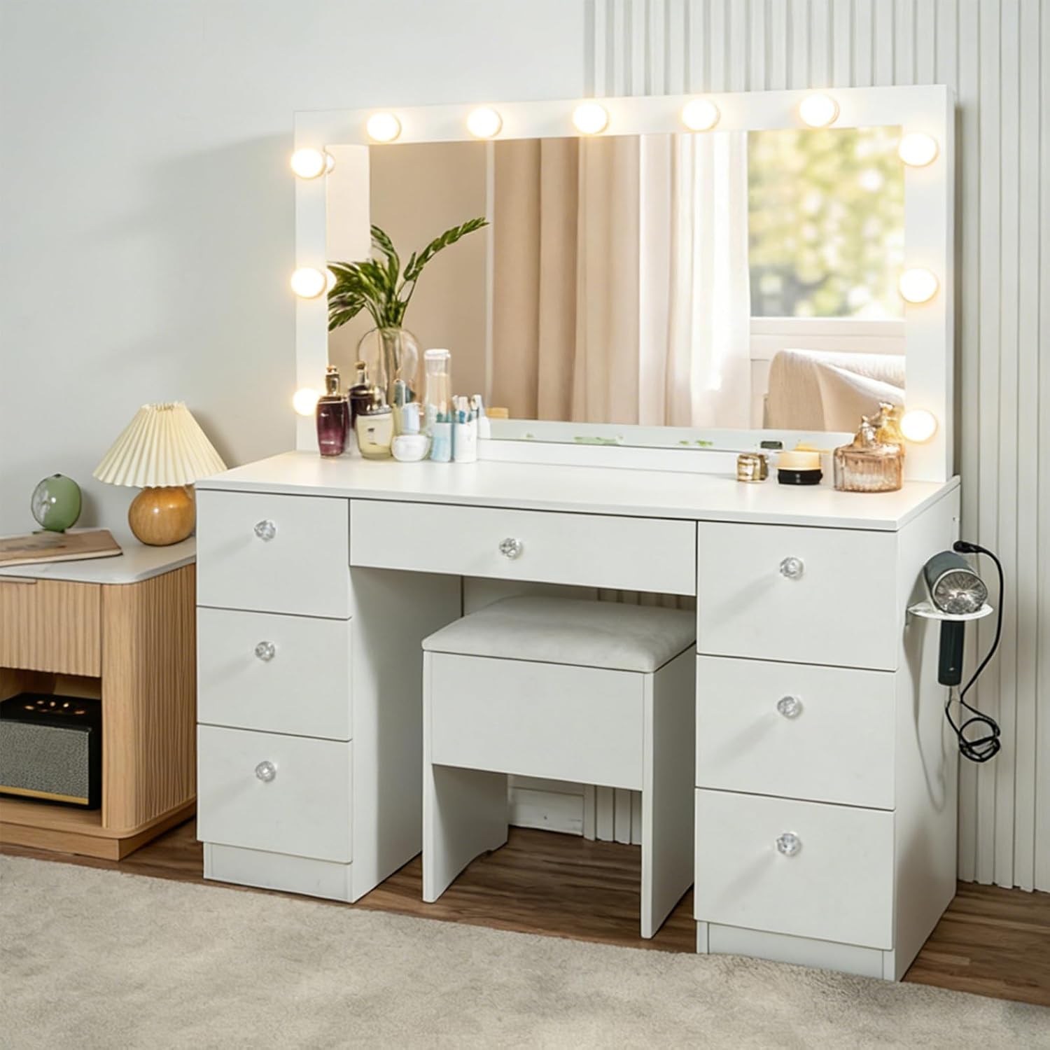 Vanity with Sliding Barn Mirror, Glass Top Makeup Desk with Outlet & Charging Station, 3-Color Lights, 7 Drawers & Shelves for Bedroom, Modern Adjustable Storage Dresser Table