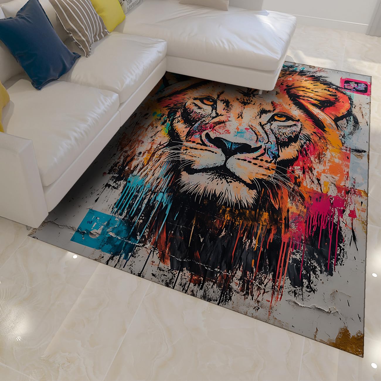Tapis lion 90x150cm style graffiti et art de rue pour decoration de salon moderne et original