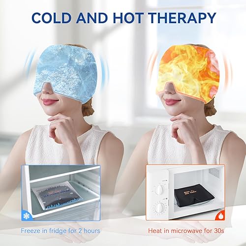 Vista 39 de KingPavonini Envoltura de cabeza de hielo, gorra ajustable para aliviar el dolor de cabeza de migraña con cordón, sombrero de migraña caliente/fría