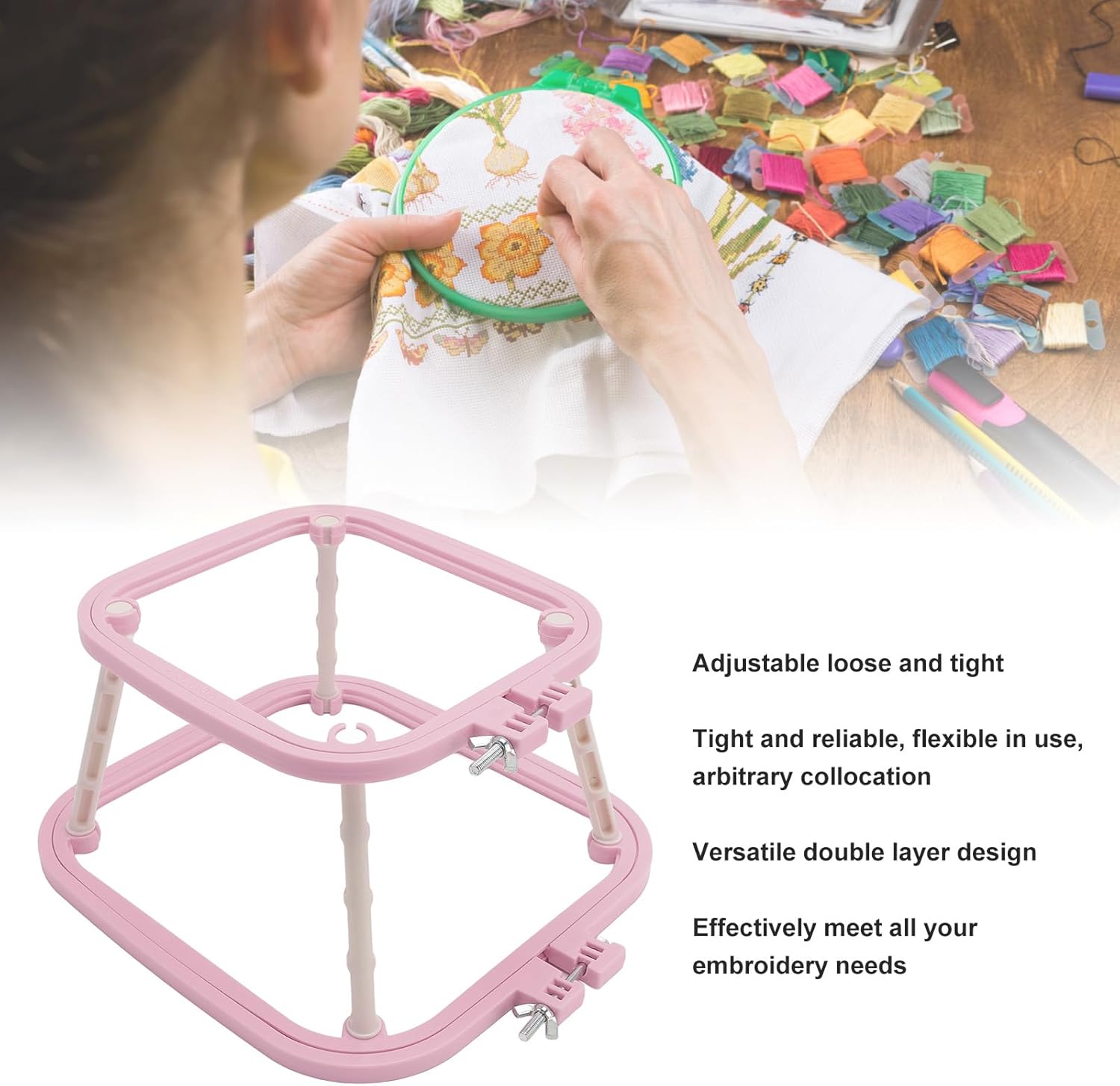 2 Layer Embroidery Frame Stand, Adjustable ABS Double Hoop Desktop Holder - Versatile Needlework Tool for Sewing, Cross Stitch, Craft & Embroidery Projects (Light Purple)