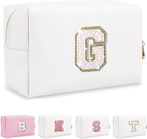 Biileen Pequeña bolsa de maquillaje preppy con letra inicial personalizada, Blanco