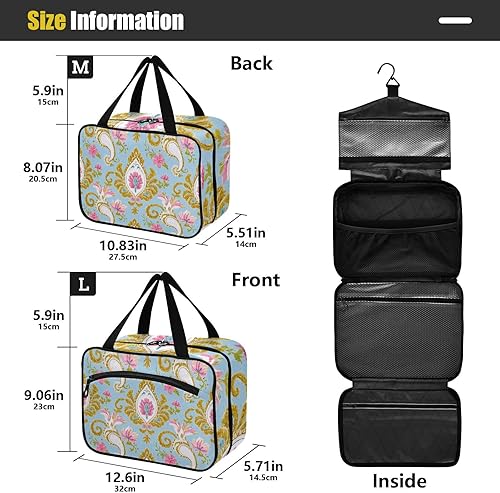 Miniatura 3 de Retro Fashion Flower Paisley Gold Blue Bolsas de cosméticos de viaje colgantes con gancho, bolsa de artículos de tocador plegable de diseñador para