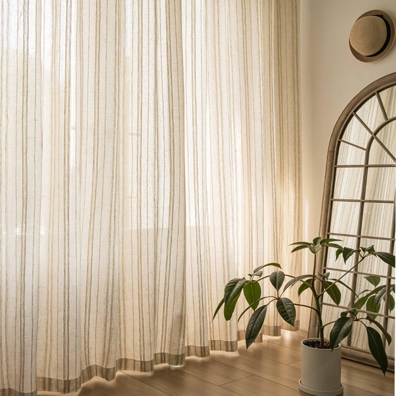 Cortinas Translucidas Habitacion Matrimonio Dos Piezas,2 x 137W x 229H CM,Cortinas Visillo Salon Beige Rayas Cortinas Ganchos