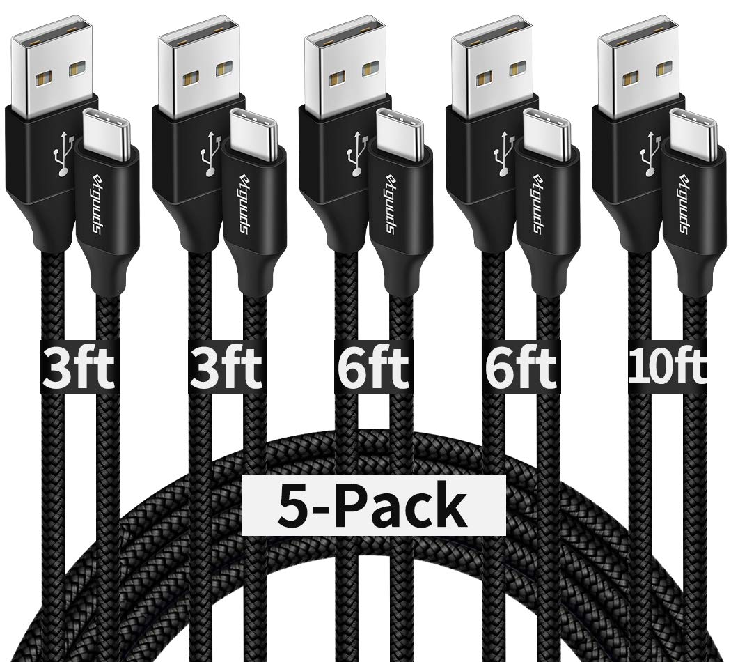 etguudsUSB A to USB C Cable 5-Pack (3/3/6/6/10 ft), Fast Charging Type C Charger Cord for iPhone 16 15 Pro/Pro Max/Plus, for Samsung Galaxy S24 S23 S22 S21 S20 S10 A55 A54 Flip, Pixel, Moto G, Black
