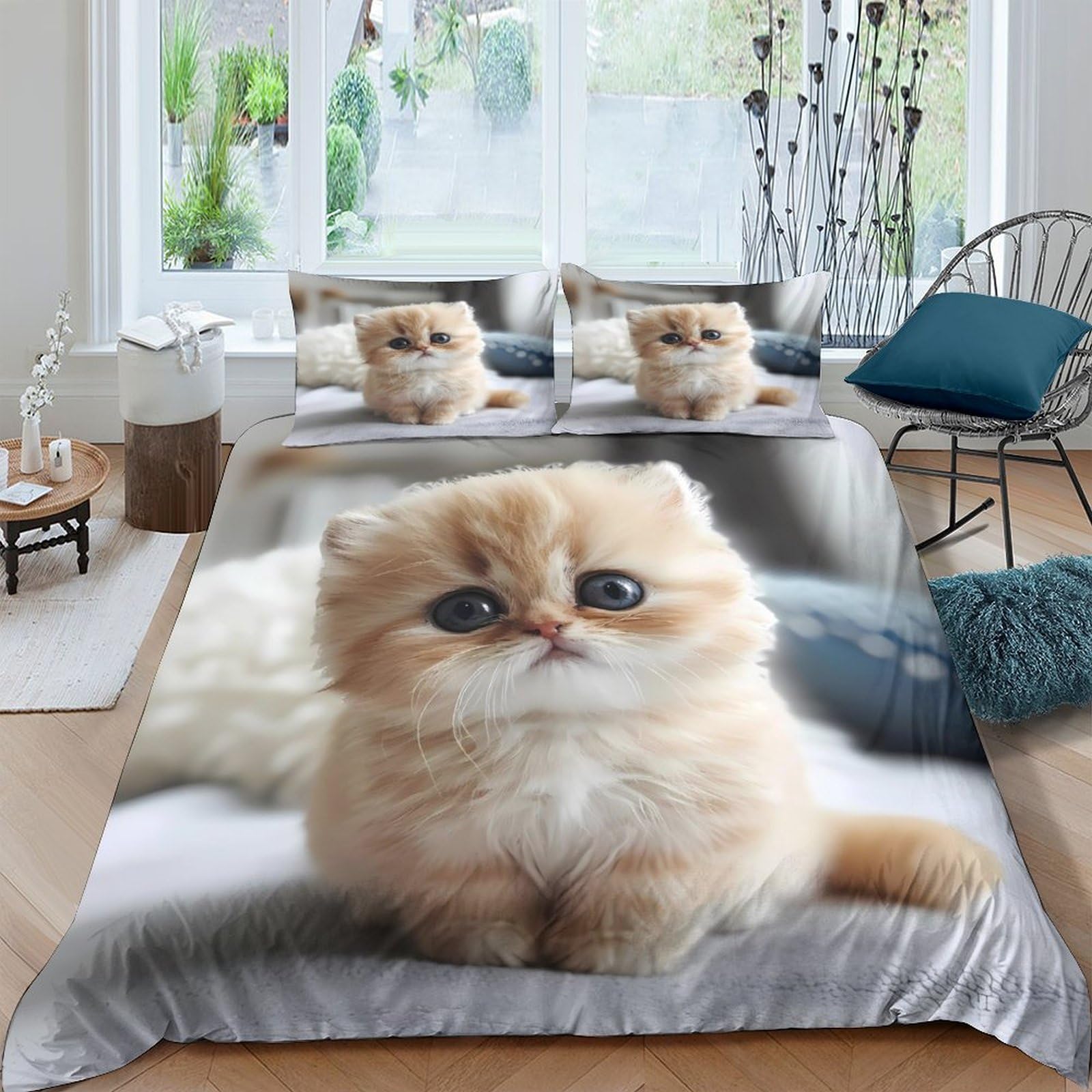 Ctjqhvkz Style-8 3D Printed Cute Fluffy Cat Fitted Sheet Microfiber Soft Breathable Kitten Bed Cover For Bedroom Dorm Decor Single（135X200cm）