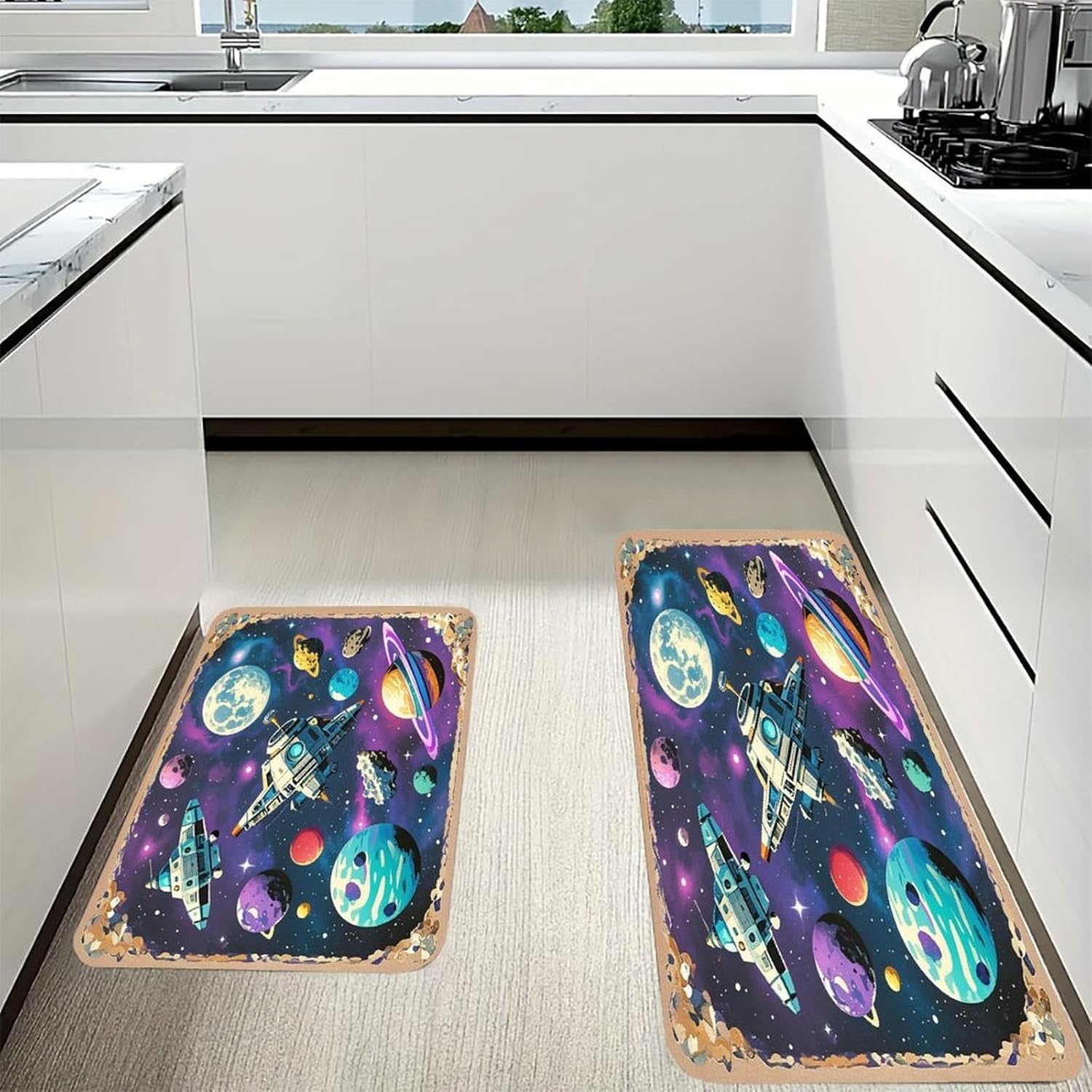 Retro Space Theme Kitchen Mats for Floor 2PCS Waterproof Non-Slip Kitchen Rugs Cushioned Anti-Fatigue Mat Heavy Duty Floor Mats Comfort Standing Mat for Kitchen Home Office Laundry image 3