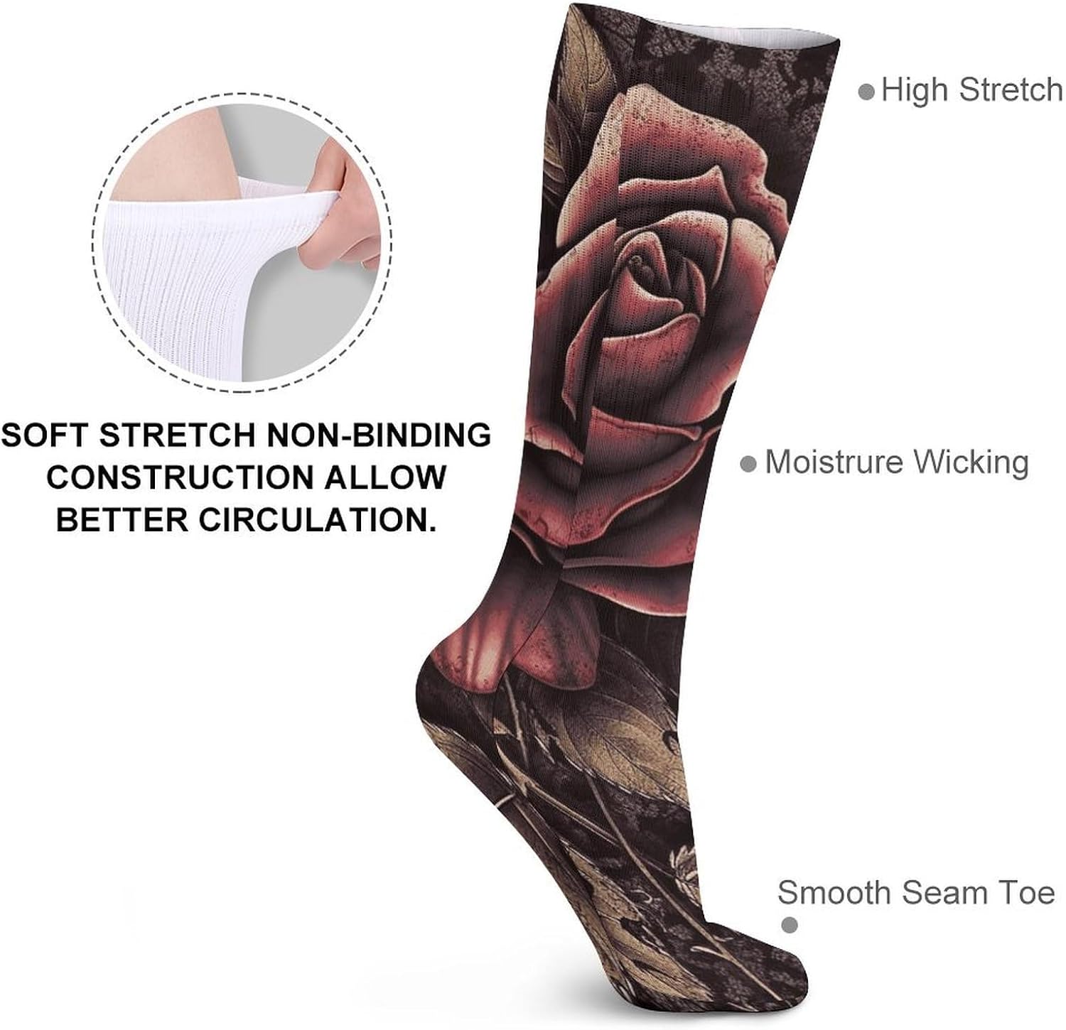 Gothic Rose Crew Socks Cozy Casual Calf Socks Lightweight Long Work Sock Breathable Athletic Sock for Hiking Sports Running 5 Pairs