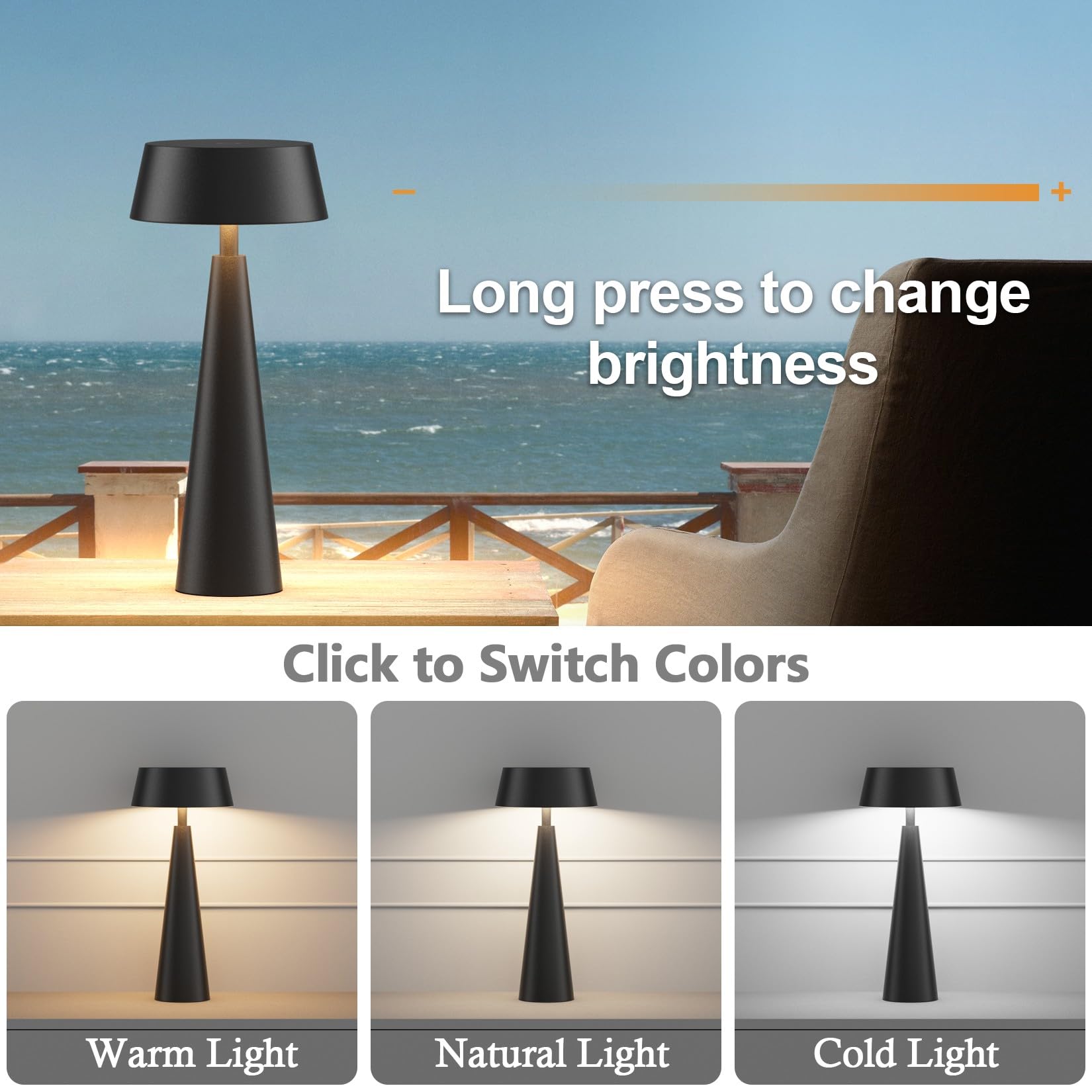 Lampe de table LED sans fil avec batterie, intensité variable 3000K-6000K, rechargeable IP54, Noir