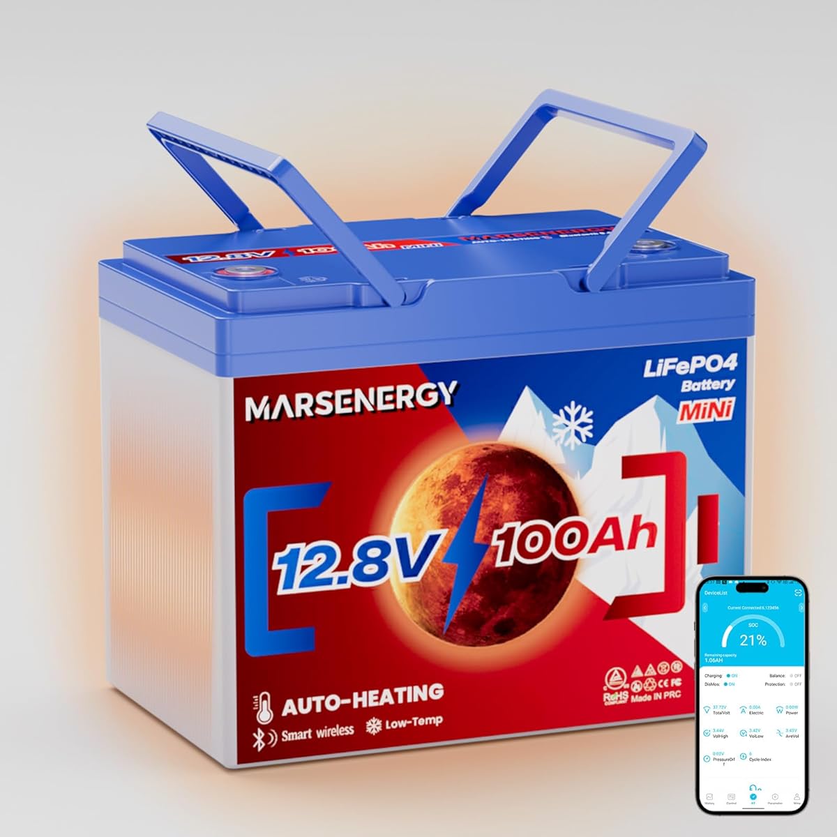 MARSENERGY Self-Heating 12V 100Ah Lifepo4 Battery with Bluetooth, Bci Group 24 Size, Built-in 100A BMS, 4500-15000 Deep Cycle Grade A Lithium Cells for RV Travel, Trolling Motor, Solar Panel, Camping