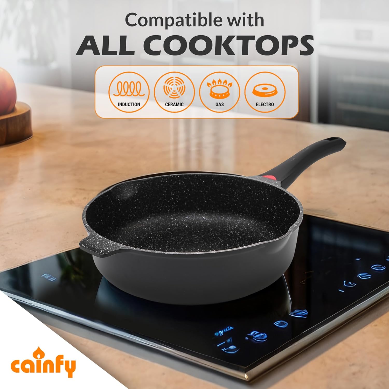 11 Inch Non Stick Deep Frying Pan Granite Coated with Pour Spout - Lightweight 4.27 Quart Skillets and Frying Pans with Comfort Stay Cool Grip Handle - Induction Compatible PFOA Free Cookware