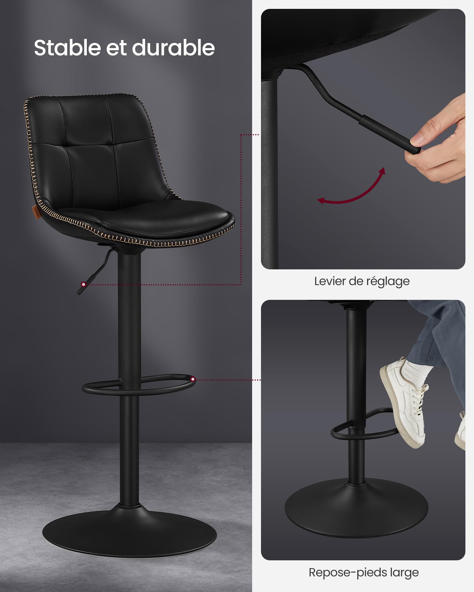 VASAGLE Tabourets de Bar, Lot de 4, Chaise de Cuisine, Siège Pivotant à Hauteur Réglable, Matelassé, en PU, avec Dossier et Repose-Pieds, Salle à Manger, Comptoir, Acier, Noir d'encre LJB295B01