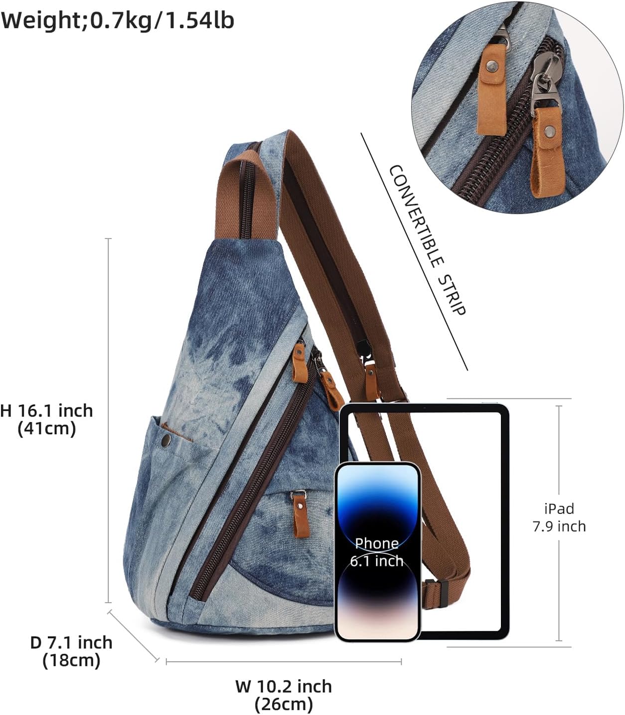 KL928 Canvas Sling Bag - Small Crossbody Backpack Shoulder Casual Daypack Rucksack for Men Women(Blue-white Washed) - Image 2