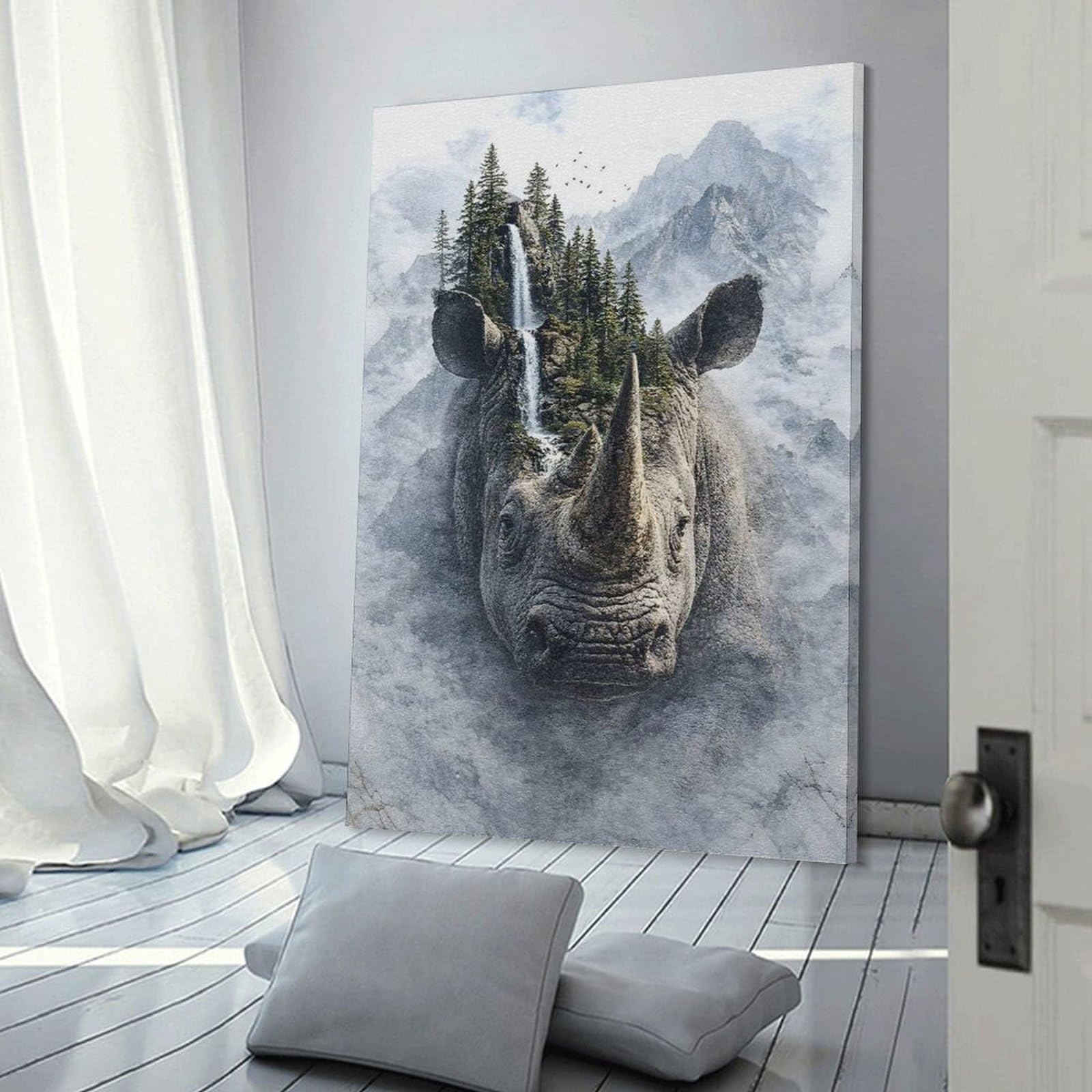 Junmoney Rhinoceros Landscape Fusion Home Decor Wall Art, 24x36inch(60x90cm), for Apartment Walls, Studios Or Work Areas, Wall Decor with Flexible Room Appeal